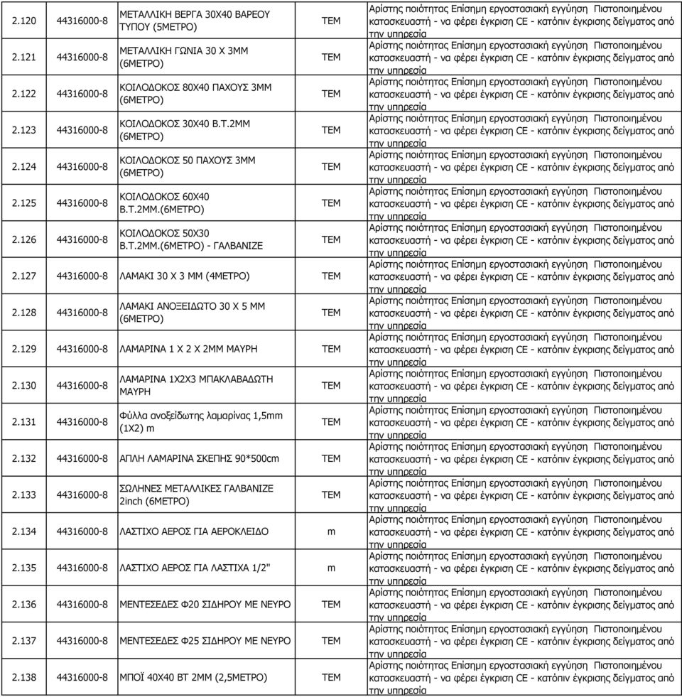 Τ.2ΜΜ. - ΓΑΛΒΑΝΙΖΕ 2.127 44316000-8 ΛΑΜΑΚΙ 30 Χ 3 ΜΜ (4ΜΕΤΡΟ) 2.128 44316000-8 ΛΑΜΑΚΙ ΑΝΟΞΕΙΔΩΤΟ 30 Χ 5 ΜΜ 2.129 44316000-8 ΛΑΜΑΡΙΝΑ 1 Χ 2 Χ 2ΜΜ ΜΑΥΡΗ 2.130 44316000-8 2.