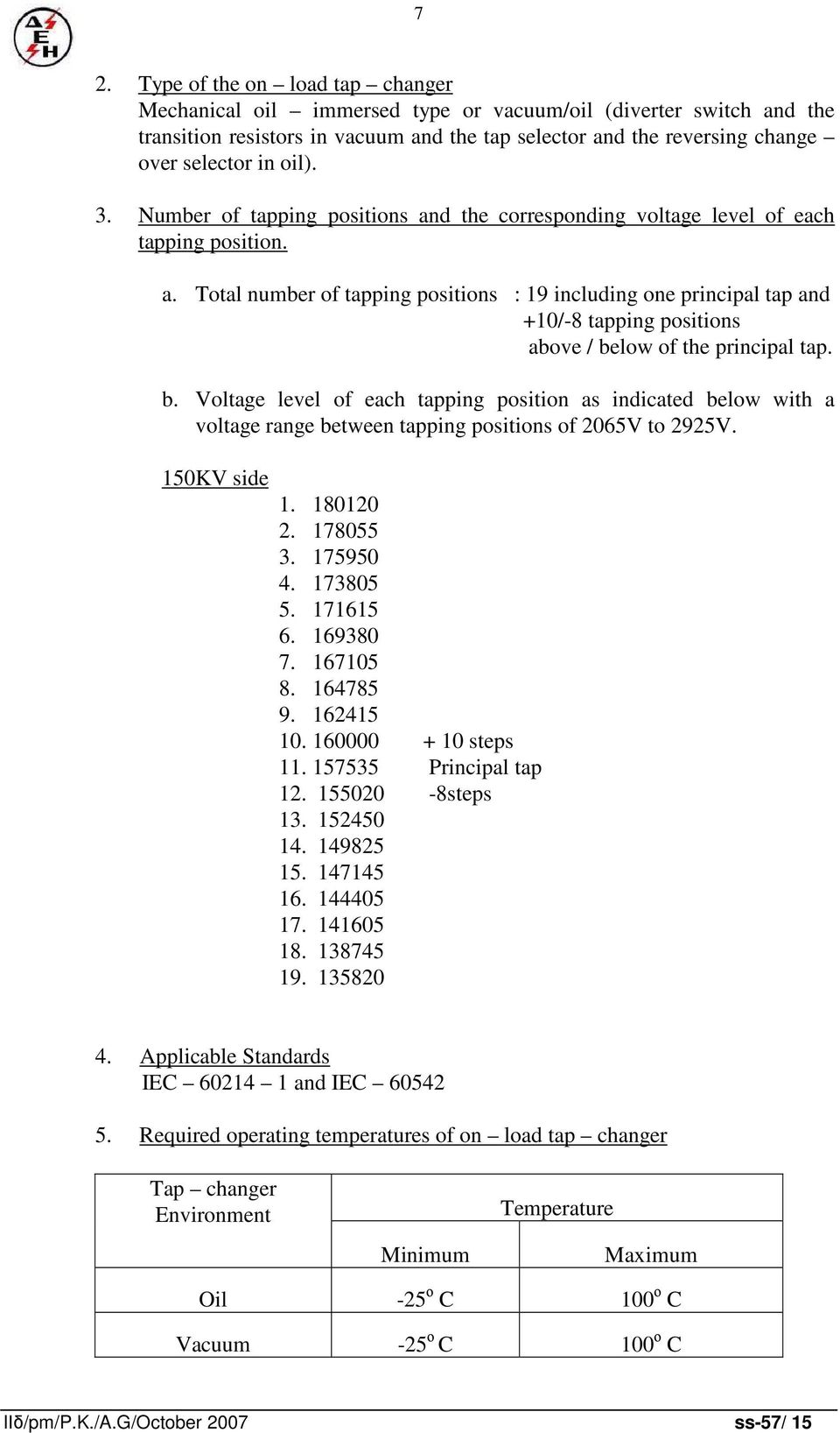 b. Voltage level of each tapping position as indicated below with a voltage range between tapping positions of 2065V to 2925V. 150KV side 1. 180120 2. 178055 3. 175950 4. 173805 5. 171615 6. 169380 7.