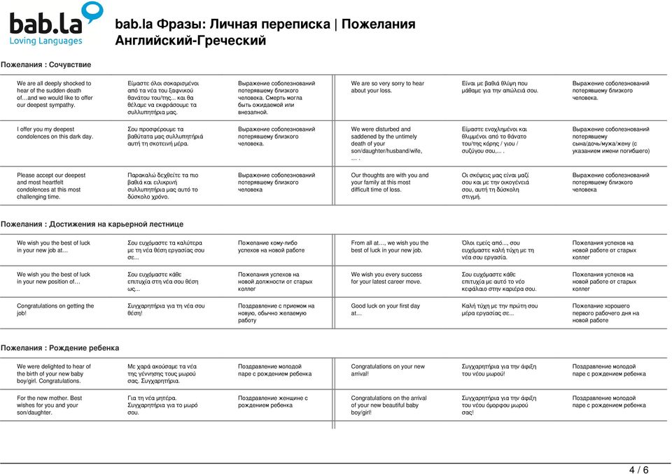 Είναι με βαθιά θλίψη που μάθαμε για την απώλειά σου. человека. I offer you my deepest condolences on this dark day. Σου προσφέρουμε τα βαθύτατα μας συλλυπητήριά αυτή τη σκοτεινή μέρα. человека. We were disturbed and saddened by the untimely death of your son/daughter/husband/wife,.