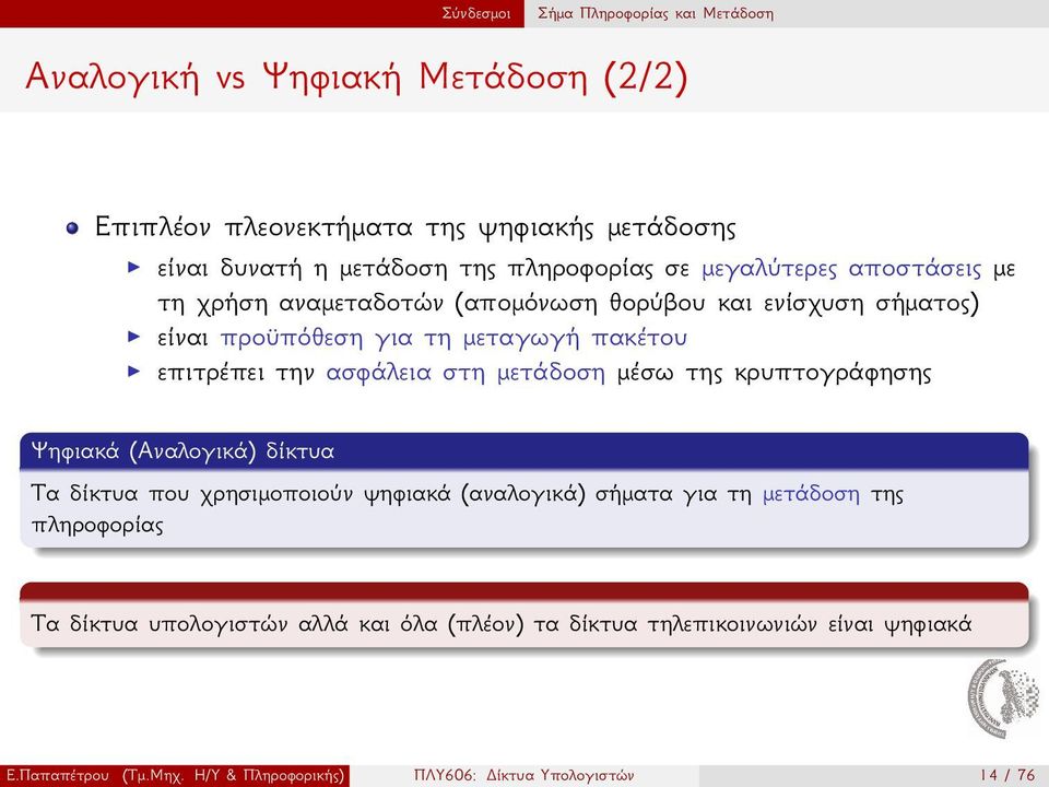 την ασφάλεια στη μετάδοση μέσω της κρυπτογράφησης Ψηφιακά (Aναλογικά) δίκτυα Τα δίκτυα που χρησιμοποιούν ψηφιακά (αναλογικά) σήματα για τη μετάδοση της