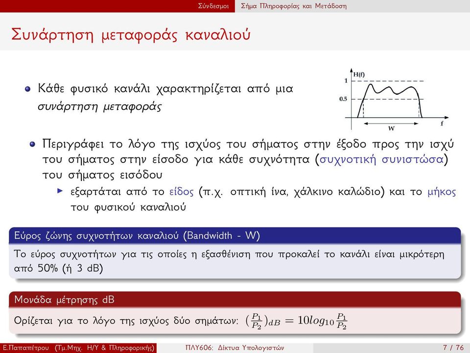 μήκος του φυσικού καναλιού Εύρος ζώνης συχνοτήτων καναλιού (Bandwidth - W) Το εύρος συχνοτήτων για τις οποίες η εξασθένιση που προκαλεί το κανάλι είναι μικρότερη από 50% (ή