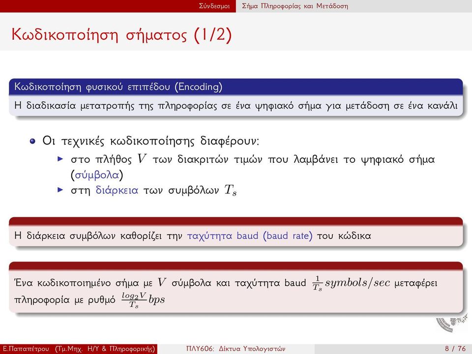 (σύμβολα) στη διάρκεια των συμβόλων T s Η διάρκεια συμβόλων καθορίζει την ταχύτητα baud (baud rate) του κώδικα Ένα κωδικοποιημένο σήμα με V σύμβολα