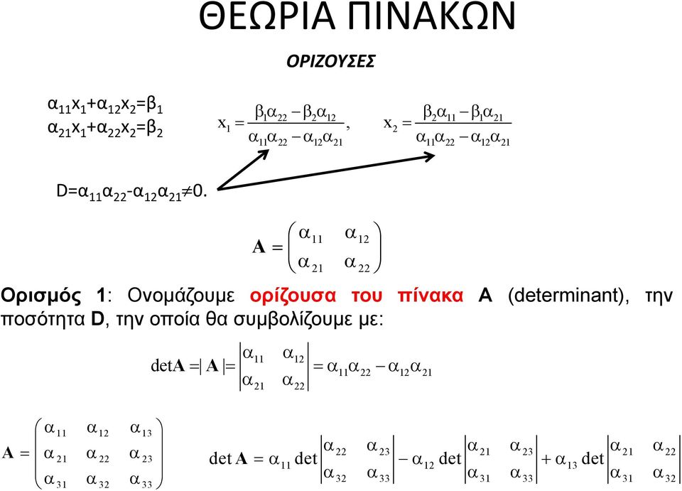 α α α α α α α α 11 22 12 21 11 22 12 21 α α 11 12 A = α 21 α 22 Ορισμός 1: Ονομάζουμε ορίζουσα του πίνακα Α (determinant),