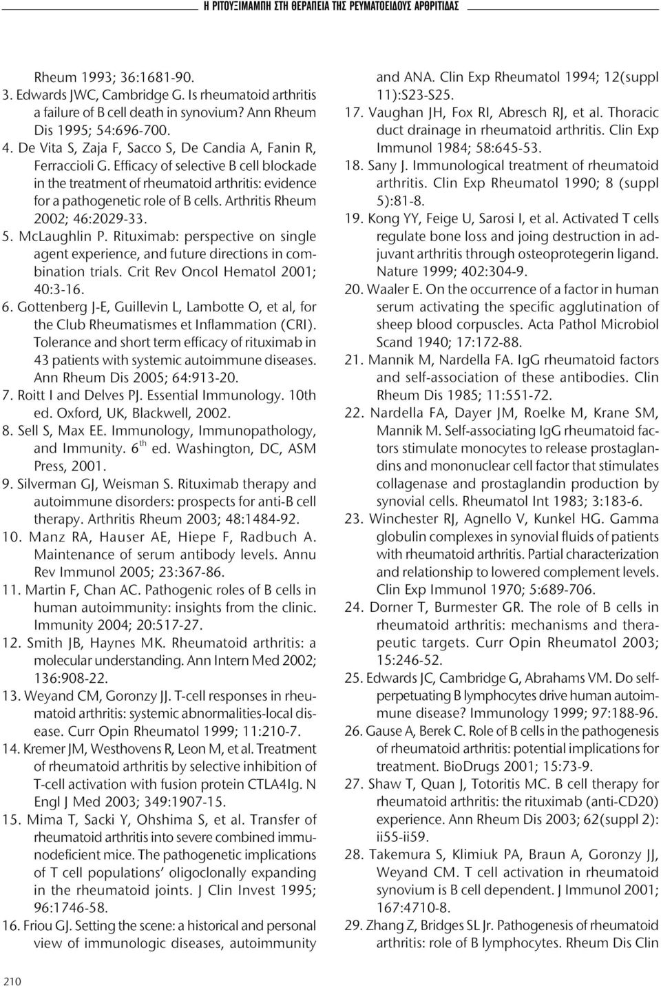 Efficacy of selective B cell blockade in the treatment of rheumatoid arthritis: evidence for a pathogenetic role of B cells. Arthritis Rheum 2002; 46:2029-33. 5. McLaughlin P.