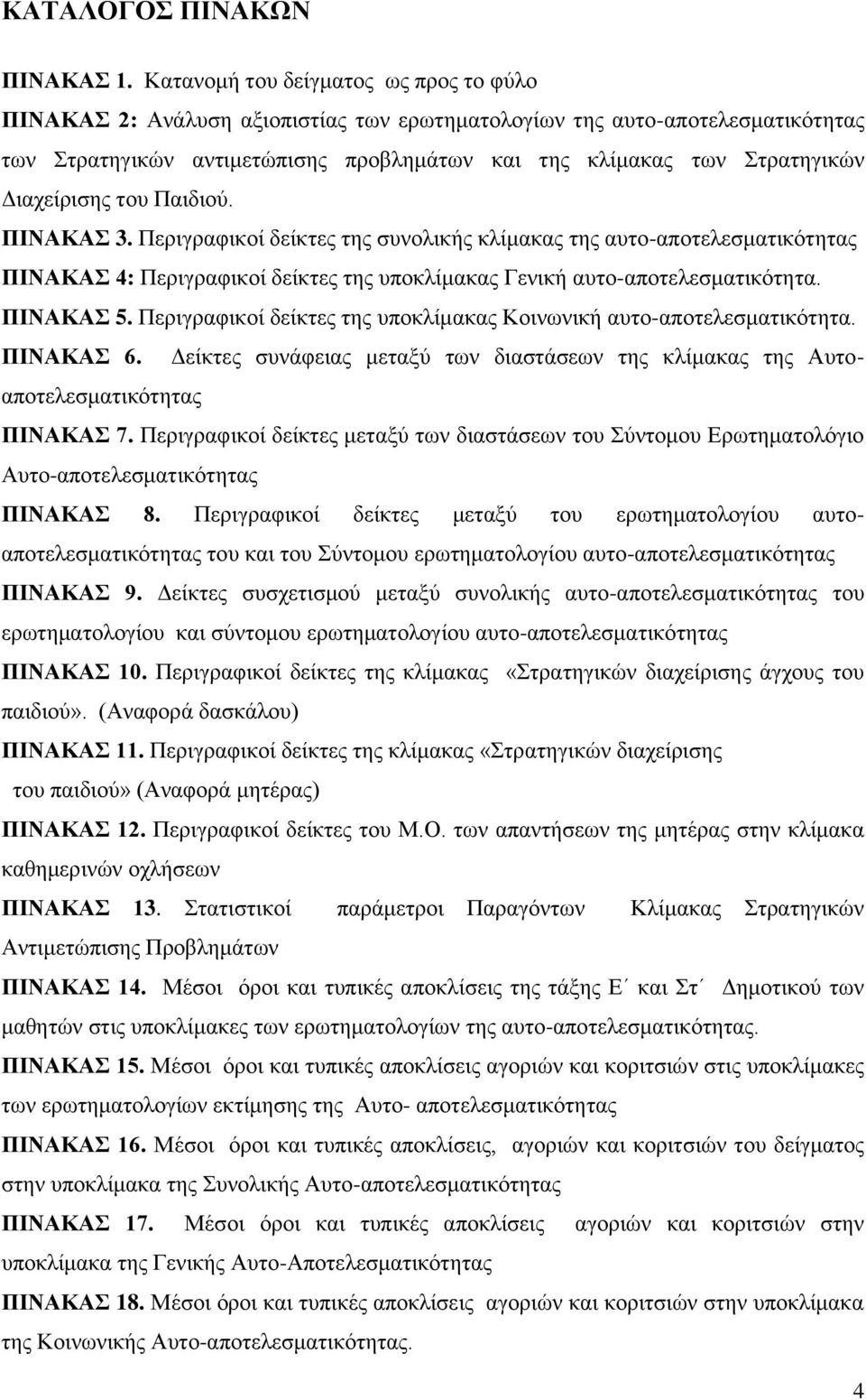 Διαχείρισης του Παιδιού. ΠΙΝΑΚΑΣ 3. Περιγραφικοί δείκτες της συνολικής κλίμακας της αυτο-αποτελεσματικότητας ΠΙΝΑΚΑΣ 4: Περιγραφικοί δείκτες της υποκλίμακας Γενική αυτο-αποτελεσματικότητα. ΠΙΝΑΚΑΣ 5.