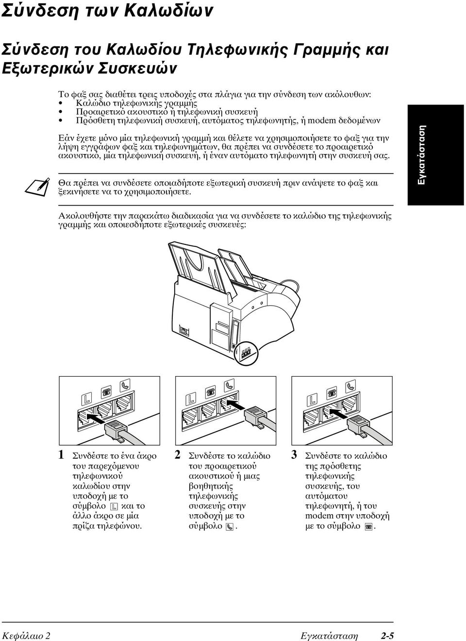 εγγράφων φαξ και τηλεφωνηµάτων, θα πρέπει να συνδέσετε το προαιρετικό ακουστικό, µία τηλεφωνική συσκευή, ή έναν αυτόµατο τηλεφωνητή στην συσκευή σας.