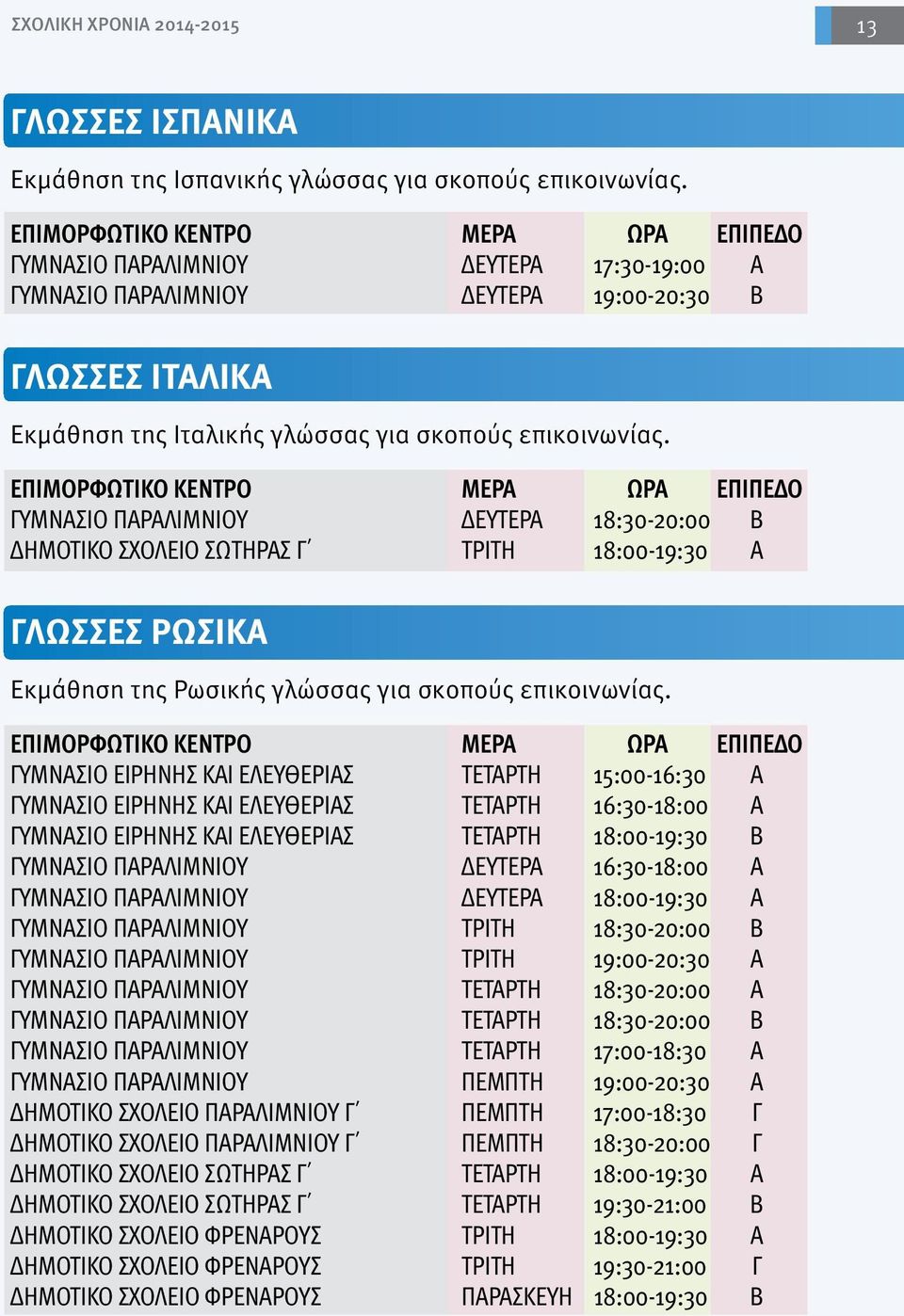 ΕΠΙΠΕΔΟ ΓΥΜΝΑΣΙΟ ΠΑΡΑΛΙΜΝΙΟΥ ΔΕΥΤΕΡΑ 18:30-20:00 Β ΔΗΜΟΤΙΚΟ ΣΧΟΛΕΙΟ ΣΩΤΗΡΑΣ Γ ΤΡΙΤΗ 18:00-19:30 Α ΓΛΩΣΣΕΣ ΡΩΣΙΚΑ Εκμάθηση της Ρωσικής γλώσσας για σκοπούς επικοινωνίας.