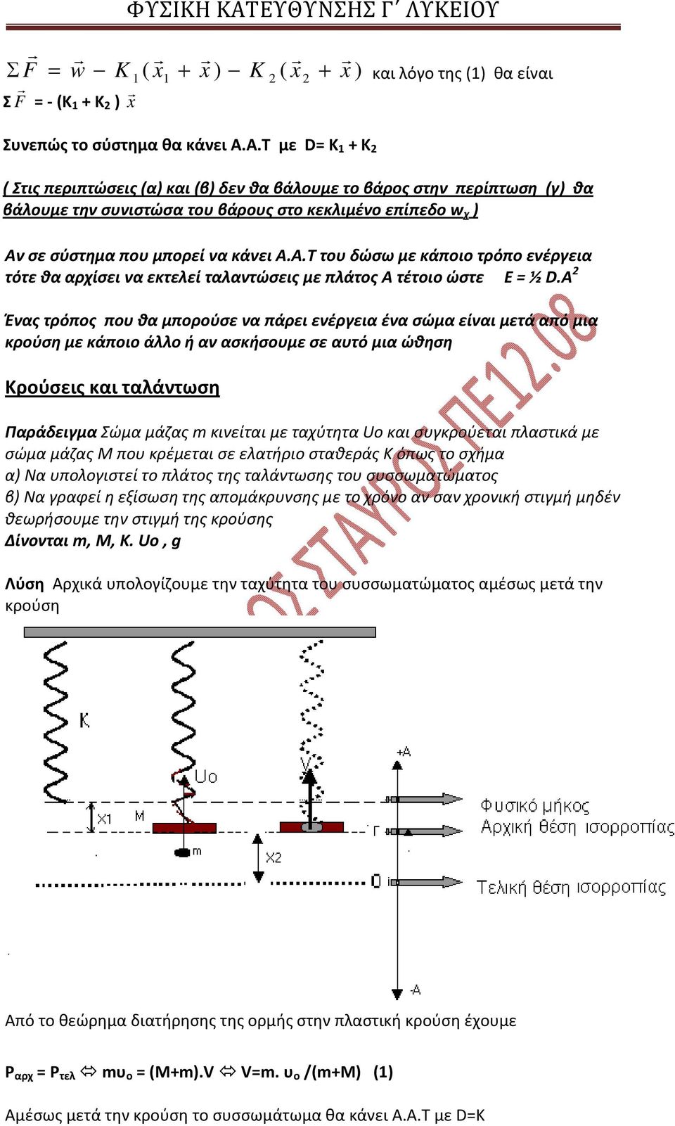 Τ με D= K + K ( Στις περιπτώσεις (α) και (β) δεν θα βάλουμε το βάρος στην περίπτωση (γ) θα βάλουμε την συνιστώσα του βάρους στο κεκλιμένο επίπεδο w χ ) Αν