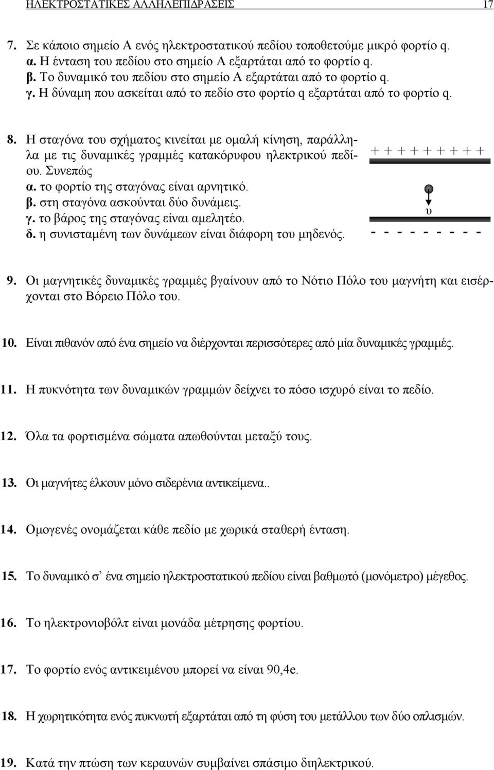 Η σταγόνα του σχήµατος κινείται µε οµαλή κίνηση, παράλληλα µε τις δυναµικές γραµµές κατακόρυφου ηλεκτρικού πεδίου. Συνεπώς α. το φορτίο της σταγόνας είναι αρνητικό. β.