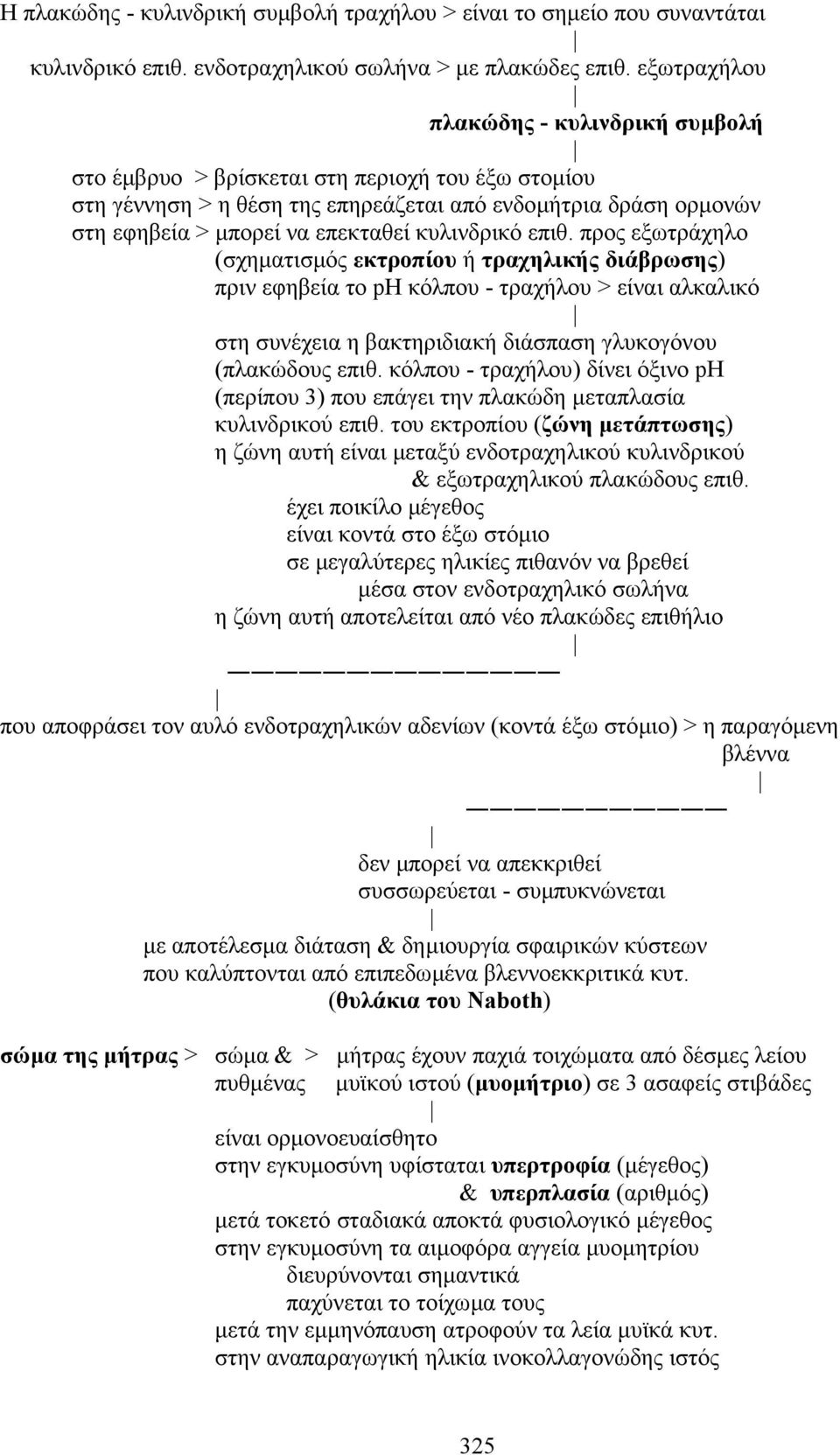 κυλινδρικό επιθ. προς εξωτράχηλο (σχηµατισµός εκτροπίου ή τραχηλικής διάβρωσης) πριν εφηβεία το ph κόλπου - τραχήλου > είναι αλκαλικό στη συνέχεια η βακτηριδιακή διάσπαση γλυκογόνου (πλακώδους επιθ.