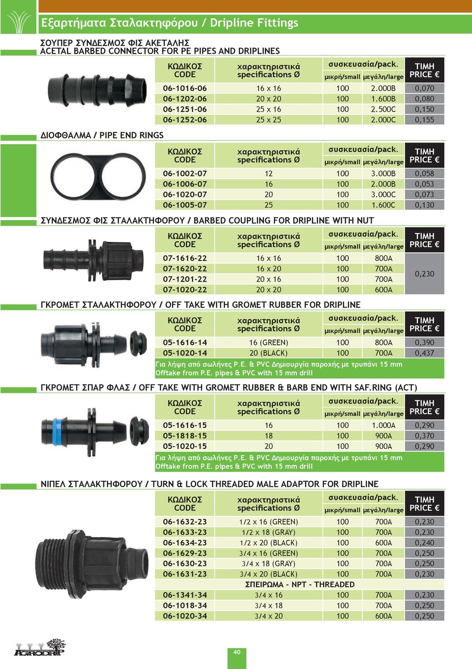 RING (ACT) ΝΙΠΕΛ ΣΤΑΛΑΚΤΗΦΟΡΟΥ / TURN & LOCK THREADED MALE ADAPTOR FOR DRIPLINE 06-1016-06 16 x 16 100 2.000Β 0,070 06-1202-06 20 x 20 100 1.600Β 0,080 06-1251-06 25 x 16 100 2.