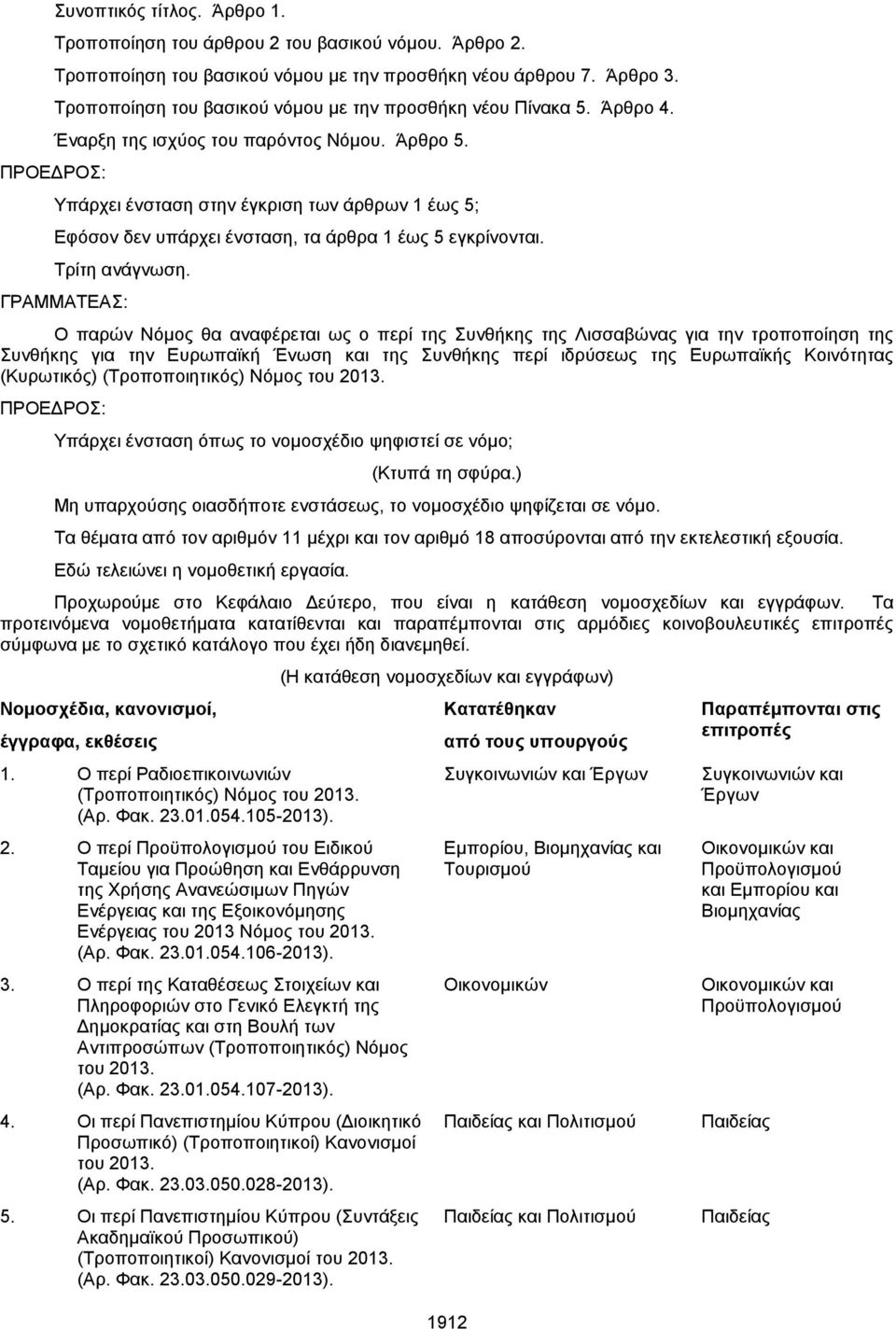 Υπάρχει ένσταση στην έγκριση των άρθρων 1 έως 5; Εφόσον δεν υπάρχει ένσταση, τα άρθρα 1 έως 5 εγκρίνονται. Τρίτη ανάγνωση.