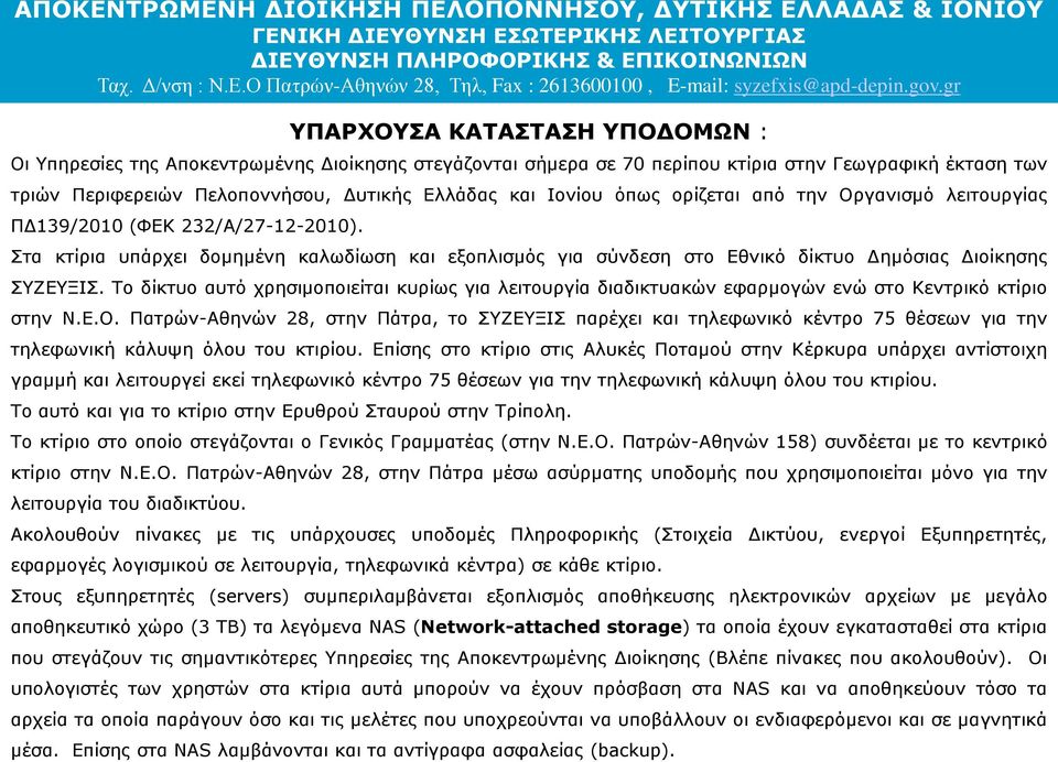 Το δίκτυο αυτό χρησιμοποιείται κυρίως για λειτουργία διαδικτυακών εφαρμογών ενώ στο Κεντρικό κτίριο στην Ν.Ε.Ο.