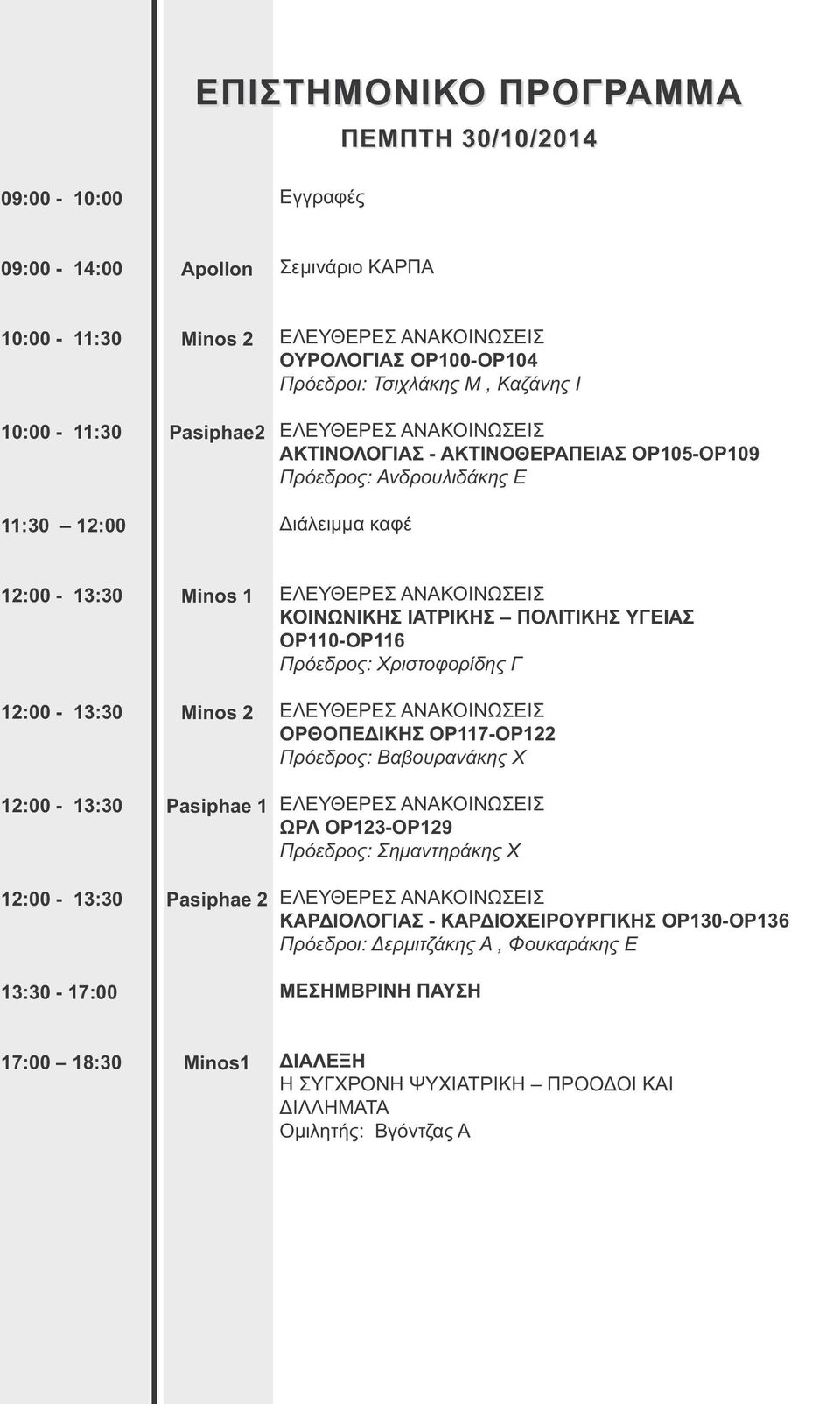 Minos 1 Minos 2 Pasiphae 1 Pasiphae 2 ΕΛΕΥΘΕΡΕΣ ΑΝΑΚΟΙΝΩΣΕΙΣ ΚΟΙΝΩΝΙΚΗΣ ΙΑΤΡΙΚΗΣ ΠΟΛΙΤΙΚΗΣ ΥΓΕΙΑΣ OP110-OP116 Πρόεδρος: Χριστοφορίδης Γ ΕΛΕΥΘΕΡΕΣ ΑΝΑΚΟΙΝΩΣΕΙΣ ΟΡΘΟΠΕΔΙΚΗΣ OP117-OP122 Πρόεδρος: