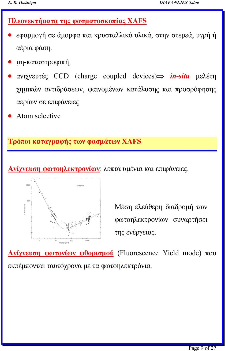 σε επιφάνειες. Atom selective Τρόποι καταγραφής των φασμάτων XAFS Ανίχνευση φωτοηλεκτρονίων: λεπτά υμένια και επιφάνειες.