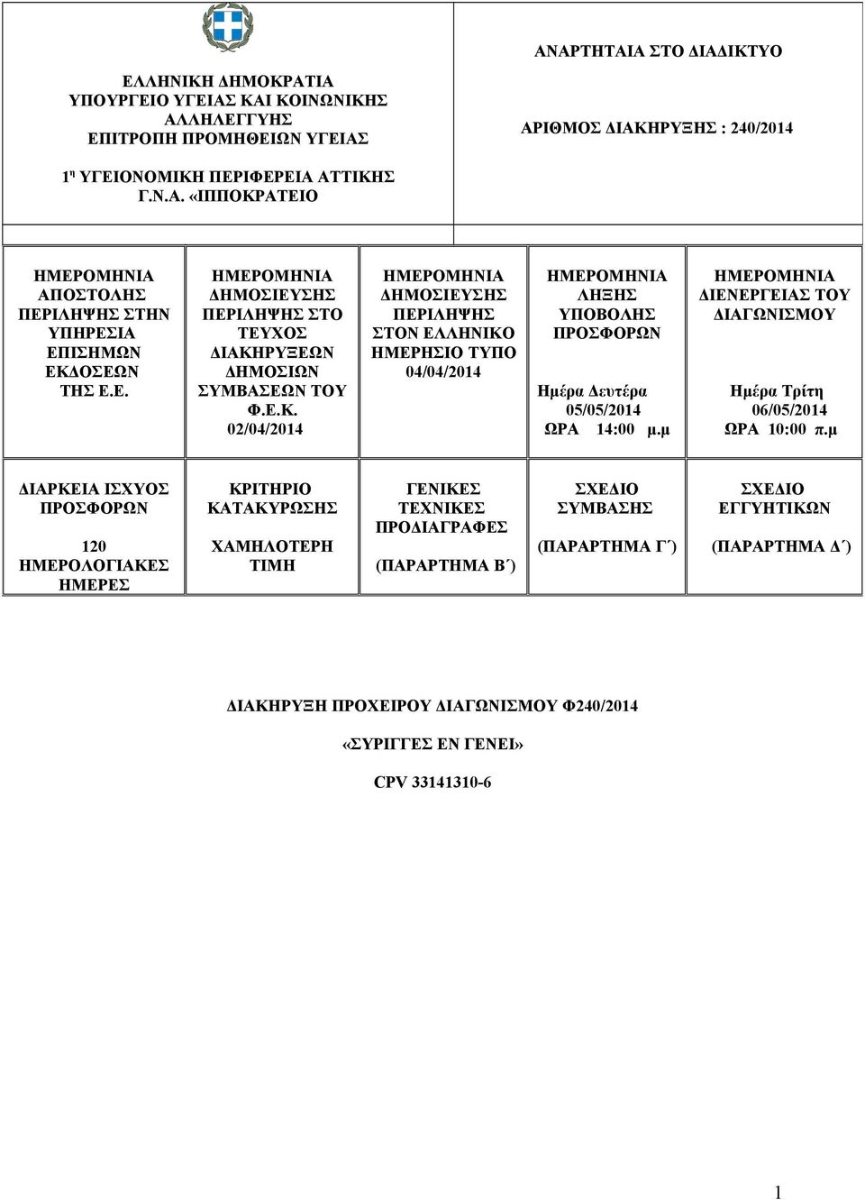 ΡΥΞΕΩΝ ΔΗΜΟΣΙΩΝ ΣΥΜΒΑΣΕΩΝ ΤΟΥ Φ.Ε.Κ. 02/04/2014 ΗΜΕΡΟΜΗΝΙΑ ΔΗΜΟΣΙΕΥΣΗΣ ΠΕΡΙΛΗΨΗΣ ΣΤΟΝ ΕΛΛΗΝΙΚΟ ΗΜΕΡΗΣΙΟ ΤΥΠΟ 04/04/2014 ΗΜΕΡΟΜΗΝΙΑ ΛΗΞΗΣ ΥΠΟΒΟΛΗΣ ΠΡΟΣΦΟΡΩΝ Ημέρα Δευτέρα 05/05/2014 ΩΡΑ 14:00 μ.