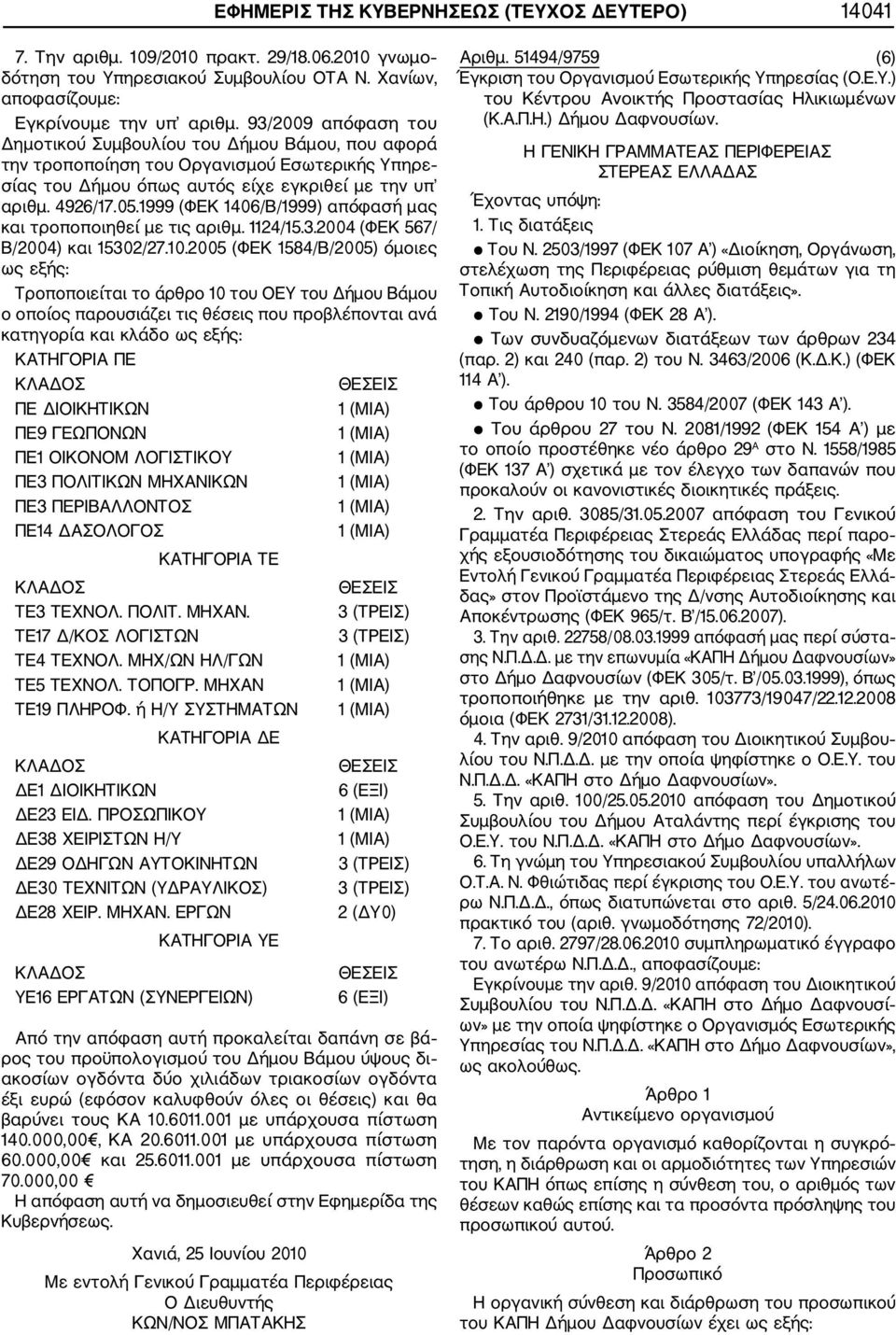 1999 (ΦΕΚ 1406/Β/1999) απόφασή μας και τροποποιηθεί με τις αριθμ. 1124/15.3.2004 (ΦΕΚ 567/ Β/2004) και 15302/27.10.