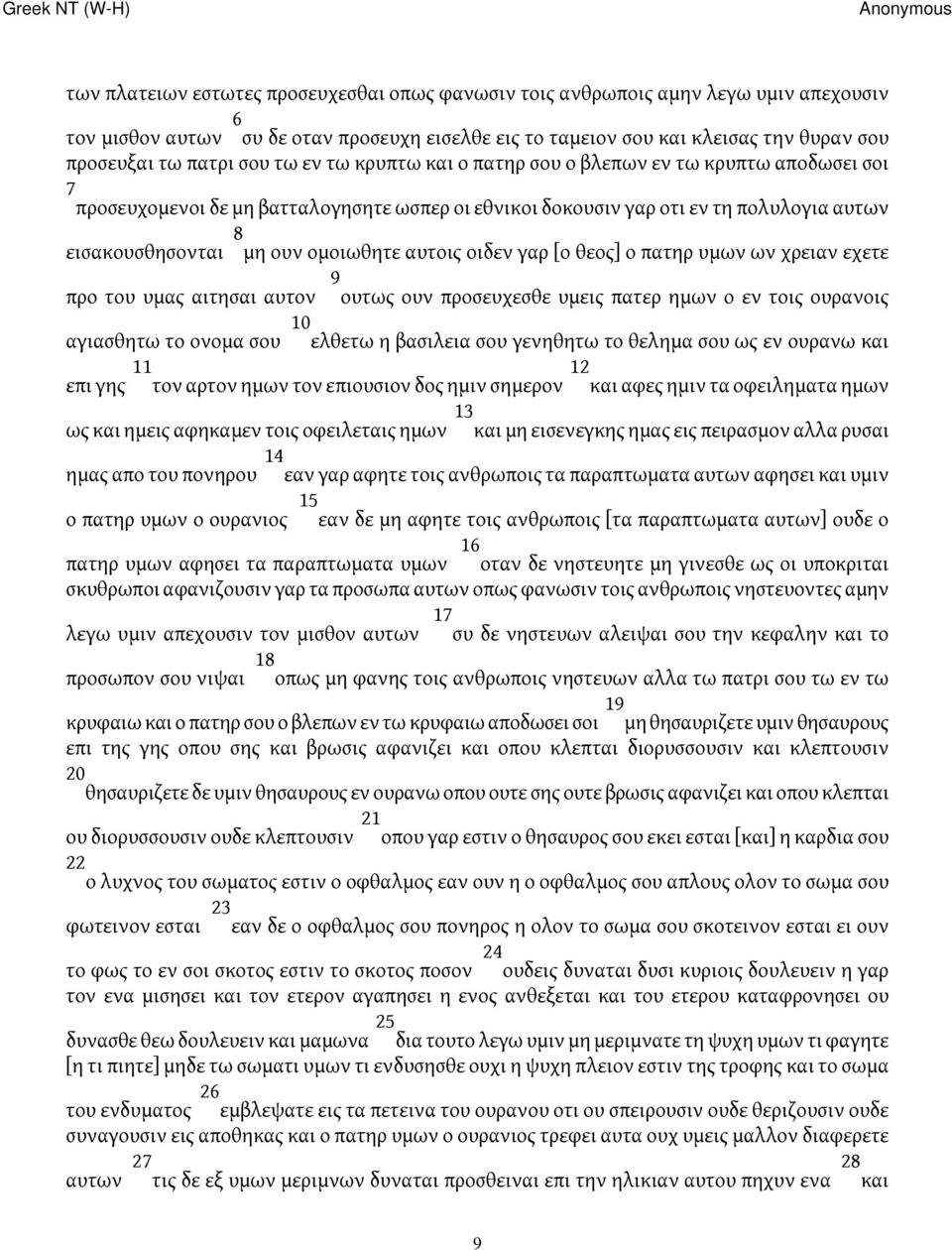 αυτοις οιδεν γαρ [ο θεος] ο πατηρ υμων ων χρειαν εχετε προ του υμας αιτησαι αυτον 9 ουτως ουν προσευχεσθε υμεις πατερ ημων ο εν τοις ουρανοις αγιασθητω το ονομα σου 0 ελθετω η βασιλεια σου γενηθητω