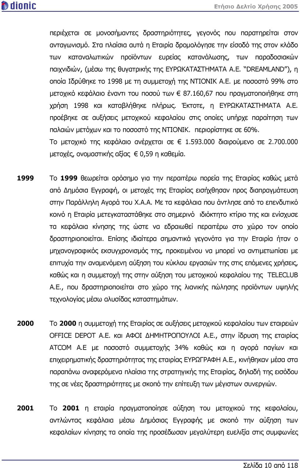 DREAMLAND ), η οποία Ιδρύθηκε το 1998 με τη συμμετοχή της ΝΤΙΟΝΙΚ A.E. με ποσοστό 99% στο μετοχικό κεφάλαιο έναντι του ποσού των 87.160,67 που πραγματοποιήθηκε στη χρήση 1998 και καταβλήθηκε πλήρως.