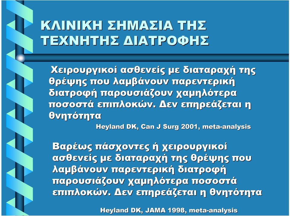 Δεν επηρεάζεται η θνητότητα Heyland DK, Can J Surg 2001, meta-analysis analysis Bαρέως πάσχοντες ή χειρουργικοί