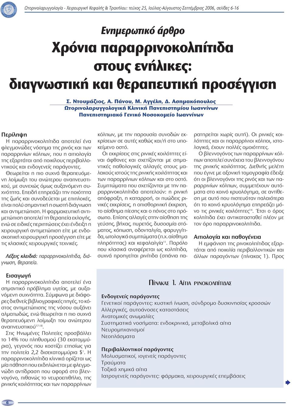 Ασημακόπουλος Ωτορινολαρυγγολογική Κλινική Πανεπιστημίου Ιωαννίνων Πανεπιστημιακό Γενικό Νοσοκομείο Ιωαννίνων Περίληψη Η παραρρινοκολπίτιδα αποτελεί ένα φλεγμονώδες νόσημα της ρινός και των