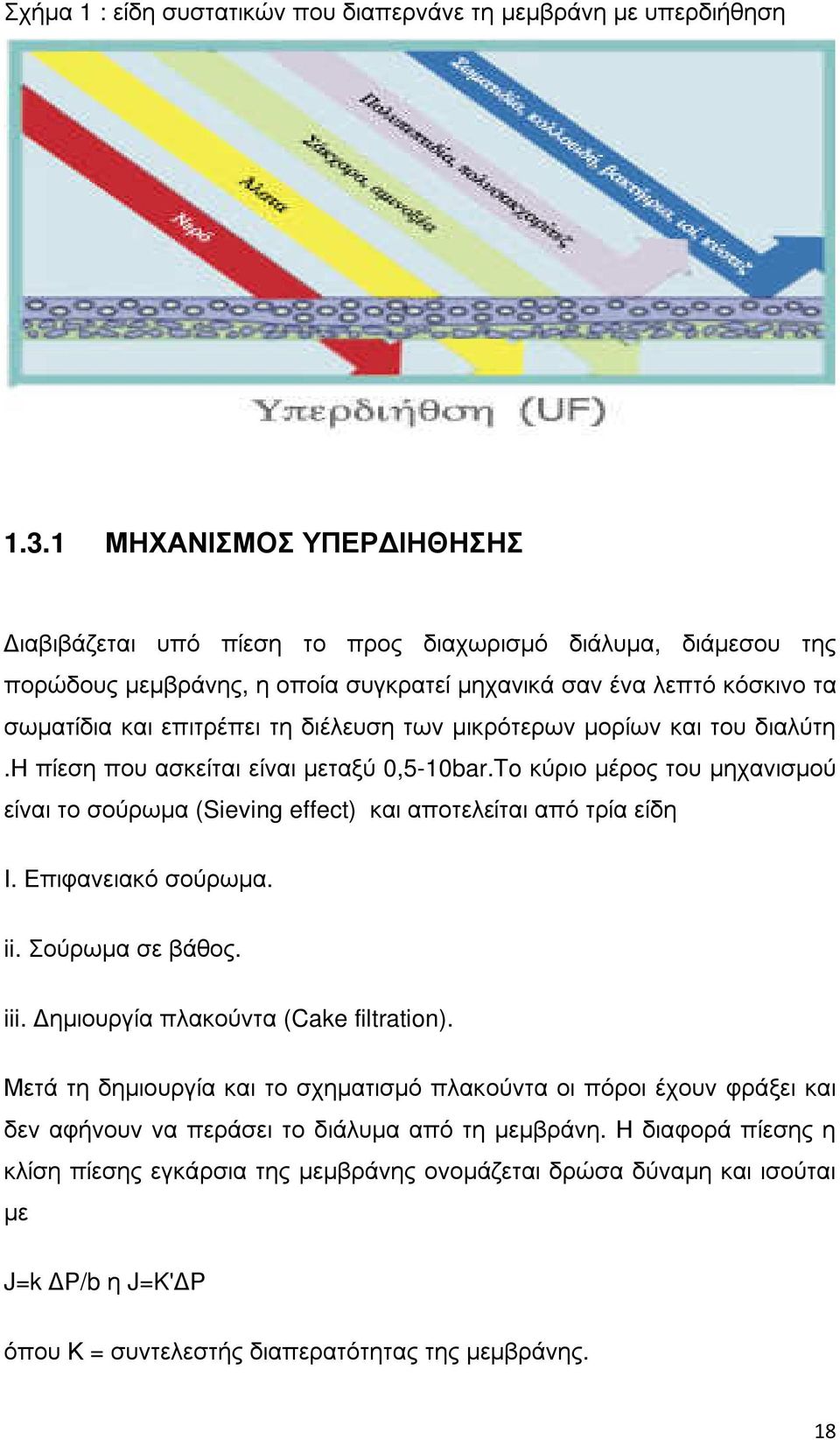 των µικρότερων µορίων και του διαλύτη.η πίεση που ασκείται είναι µεταξύ 0,5-10bar.To κύριο µέρος του µηχανισµού είναι το σούρωµα (Sieving effect) και αποτελείται από τρία είδη I. Επιφανειακό σούρωµα.