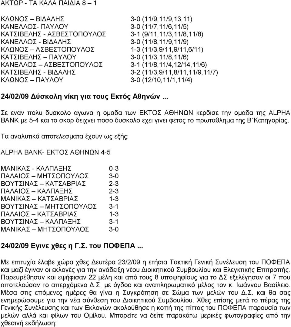 (11/3,9/11,8/11,11/9,11/7) 3-0 (12/10,11/1,11/4) 24/02/09 Δύσκολη νίκη για τους Εκτός Αθηνών.