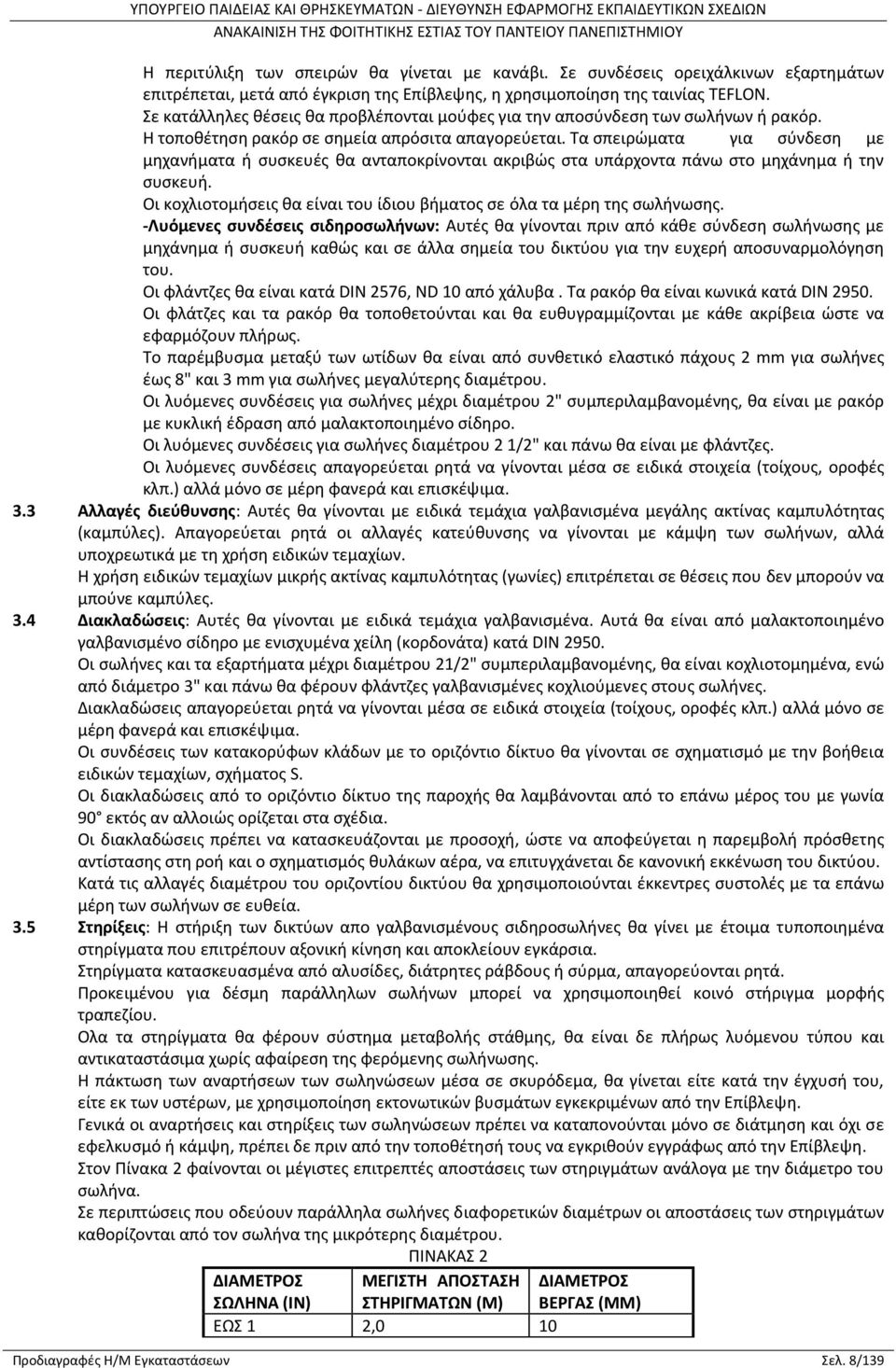 Τα σπειρώματα για σύνδεση με μηχανήματα ή συσκευές θα ανταποκρίνονται ακριβώς στα υπάρχοντα πάνω στο μηχάνημα ή την συσκευή. Οι κοχλιοτομήσεις θα είναι του ίδιου βήματος σε όλα τα μέρη της σωλήνωσης.