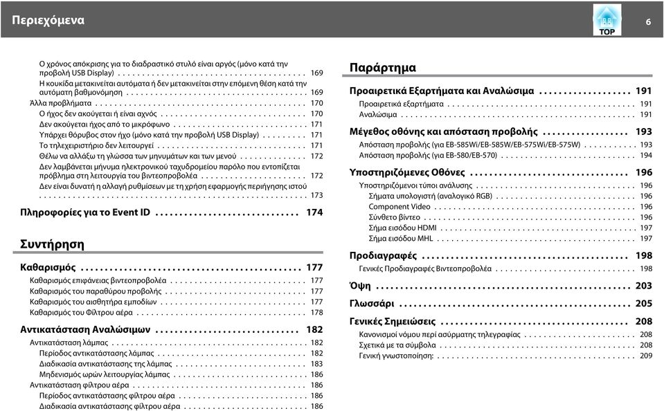 .. 170 Δεν ακούγεται ήχος από το μικρόφωνο...171 Υπάρχει θόρυβος στον ήχο (μόνο κατά την προβολή USB Disply)... 171 Το τηλεχειριστήριο δεν λειτουργεί.