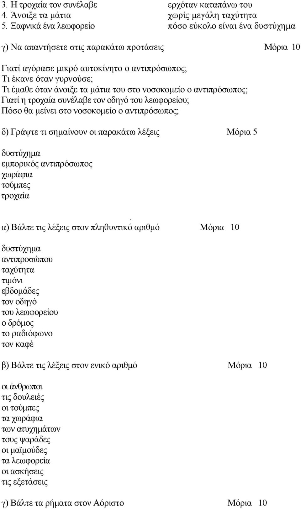 μάτια του στο νοσοκομείο ο αντιπρόσωπος; Γιατί η τροχαία συνέλαβε τον οδηγό του λεωφορείου; Πόσο θα μείνει στο νοσοκομείο ο αντιπρόσωπος; δ) Γράψτε τι σημαίνουν οι παρακάτω λέξεις Μόρια 5 δυστύχημα