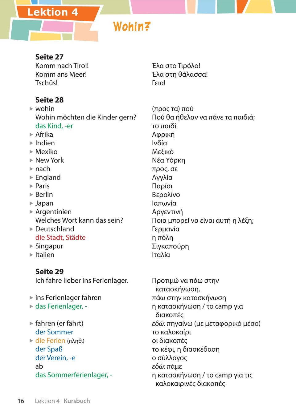 Deutschland die Stadt, Städte Singapur Italien Seite 29 Ich fahre lieber ins Ferienlager. ins Ferienlager fahren das Ferienlager, - fahren (er fährt) der Sommer die Ferien (πληθ.