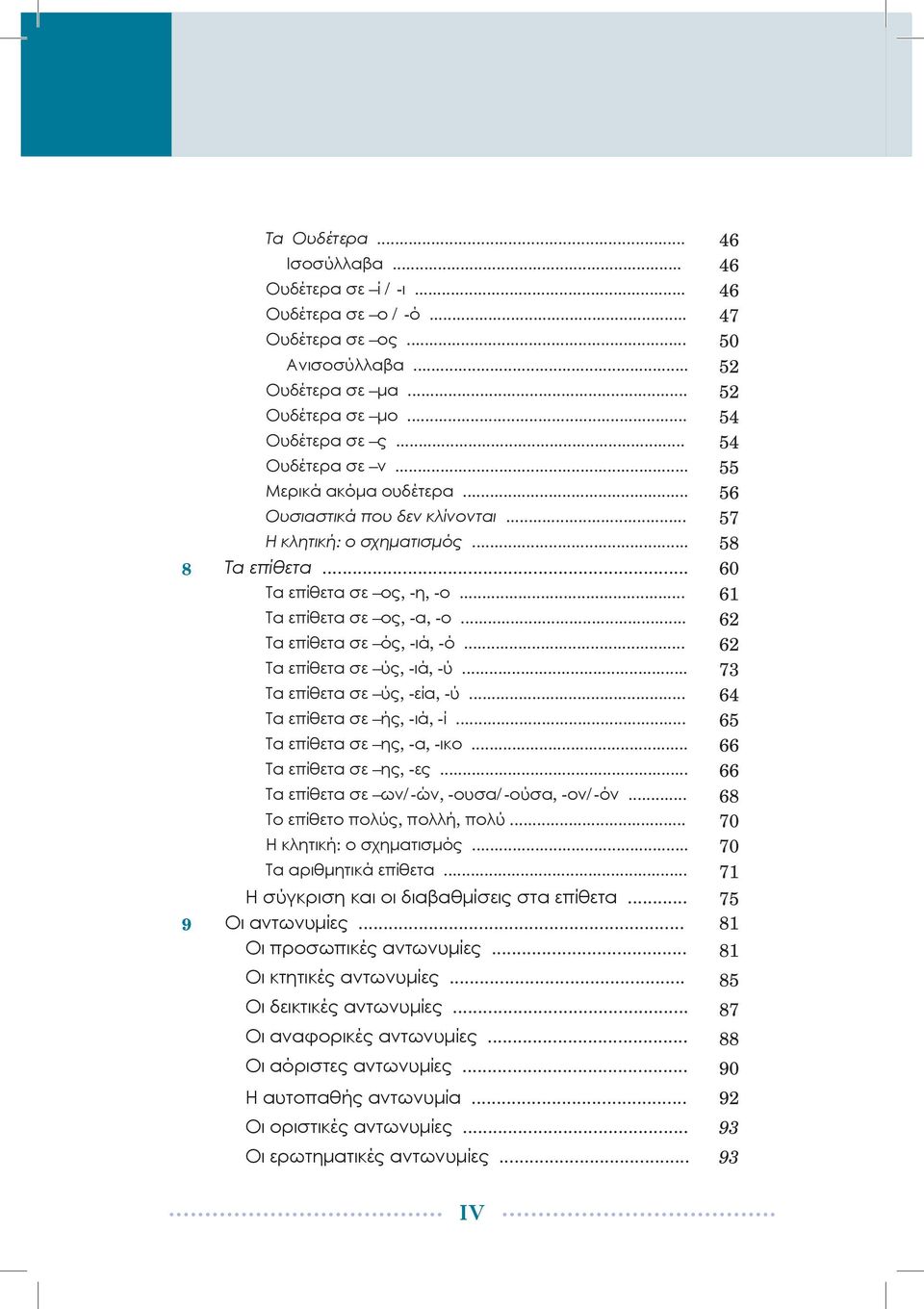 .. 62 Τα επίθετα σε ός, -ιά, -ό... 62 Τα επίθετα σε ύς, -ιά, -ύ... 73 Τα επίθετα σε ύς, -εία, -ύ... 64 Τα επίθετα σε ής, -ιά, -ί... 65 Τα επίθετα σε ης, -α, -ικο... 66 Τα επίθετα σε ης, -ες.