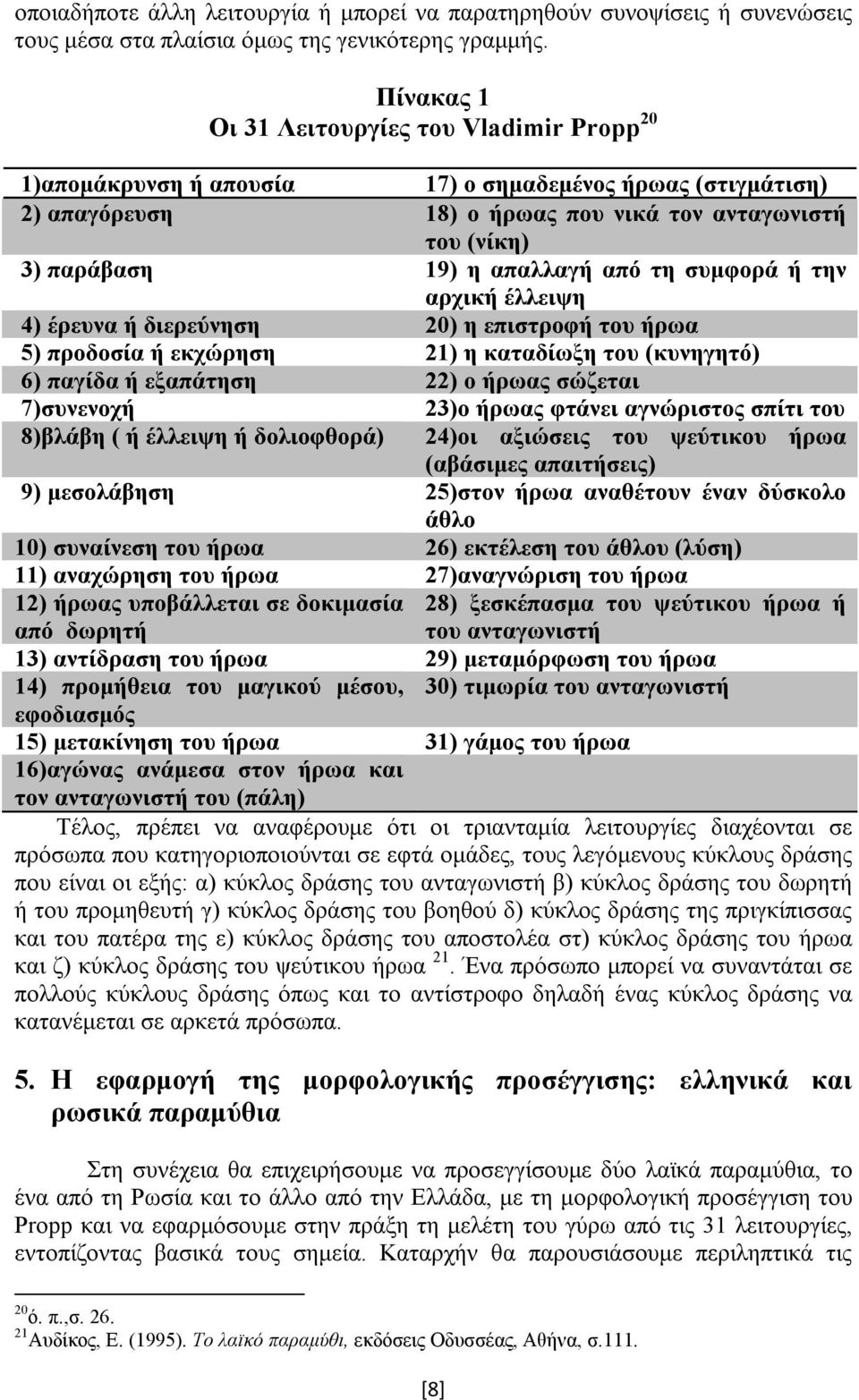 από τη συμφορά ή την αρχική έλλειψη 4) έρευνα ή διερεύνηση 20) η επιστροφή του ήρωα 5) προδοσία ή εκχώρηση 21) η καταδίωξη του (κυνηγητό) 6) παγίδα ή εξαπάτηση 22) ο ήρωας σώζεται 7)συνενοχή 23)ο