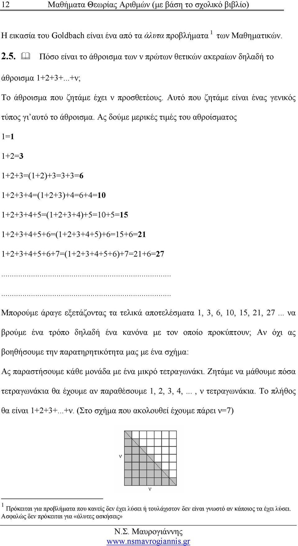 Ας δούμε μερικές τιμές του αθροίσματος 1=1 1+2=3 1+2+3=(1+2)+3=3+3=6 1+2+3+4=(1+2+3)+4=6+4=10 1+2+3+4+5=(1+2+3+4)+5=10+5=15 1+2+3+4+5+6=(1+2+3+4+5)+6=15+6=21 1+2+3+4+5+6+7=(1+2+3+4+5+6)+7=21+6=27.