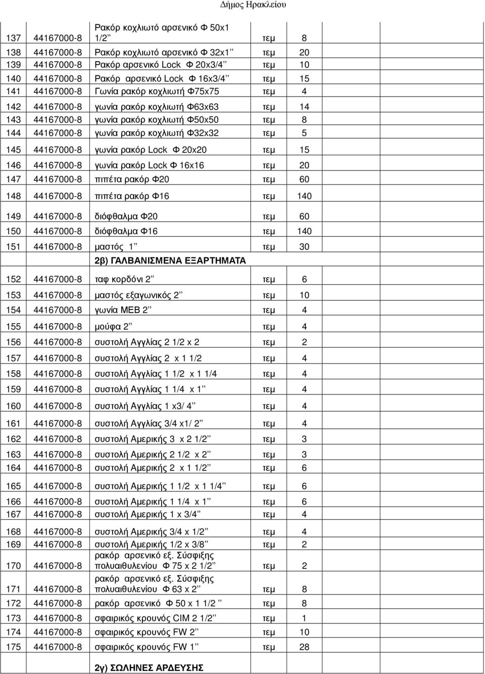 ρακόρ κοχλιωτή Φ32x32 τεµ 5 145 44167000-8 γωνία ρακόρ Lock Φ 20x20 τεµ 15 146 44167000-8 γωνία ρακόρ Lock Φ 16x16 τεµ 20 147 44167000-8 πιπέτα ρακόρ Φ20 τεµ 60 148 44167000-8 πιπέτα ρακόρ Φ16 τεµ