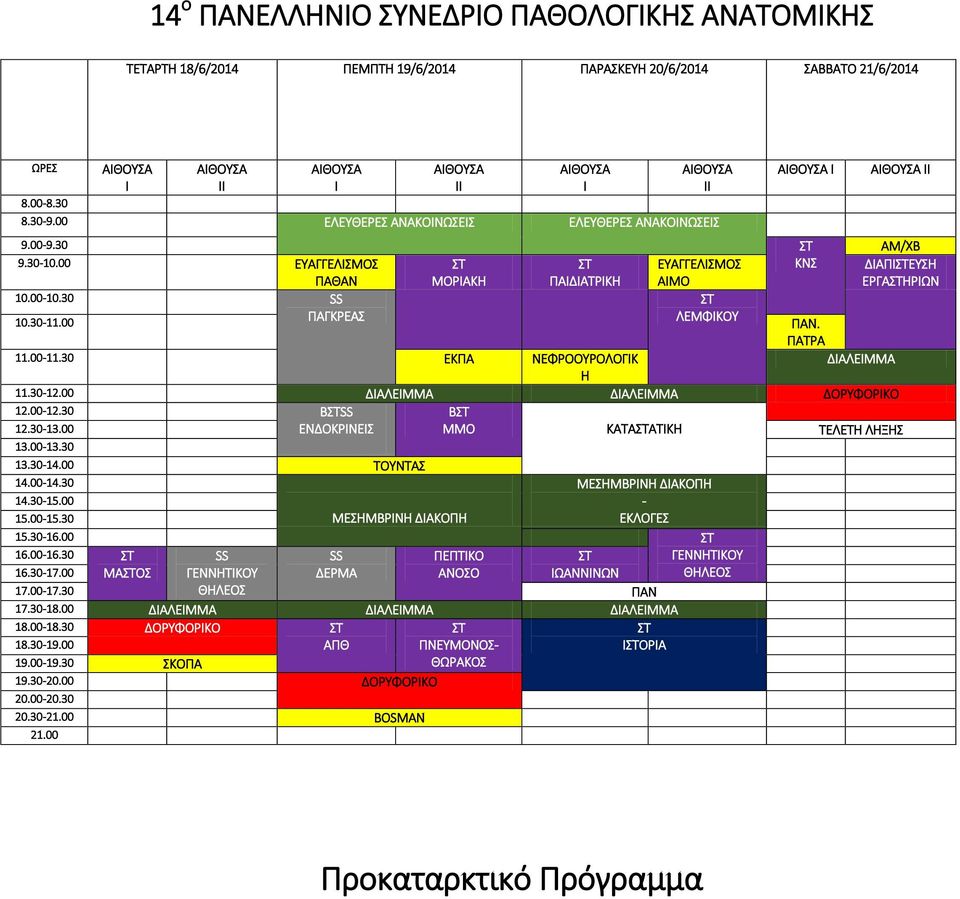 00 ΕΥΑΓΓΕΛΙΣΜΟΣ ΠΑΘΑΝ ΣΤ ΜΟΡΙΑΚΗ ΣΤ ΠΑΙΔΙΑΤΡΙΚΗ ΕΥΑΓΓΕΛΙΣΜΟΣ ΑΙΜΟ ΚΝΣ ΔΙΑΠΙΣΤΕΥΣΗ ΕΡΓΑΣΤΗΡΙΩΝ 10.00-10.30 SS ΣΤ 10.30-11.00 ΠΑΓΚΡΕΑΣ ΛΕΜΦΙΚΟΥ ΠΑΝ. ΠΑΤΡΑ 11.00-11.30 ΕΚΠΑ ΝΕΦΡΟΟΥΡΟΛΟΓΙΚ ΔΙΑΛΕΙΜΜΑ Η 11.