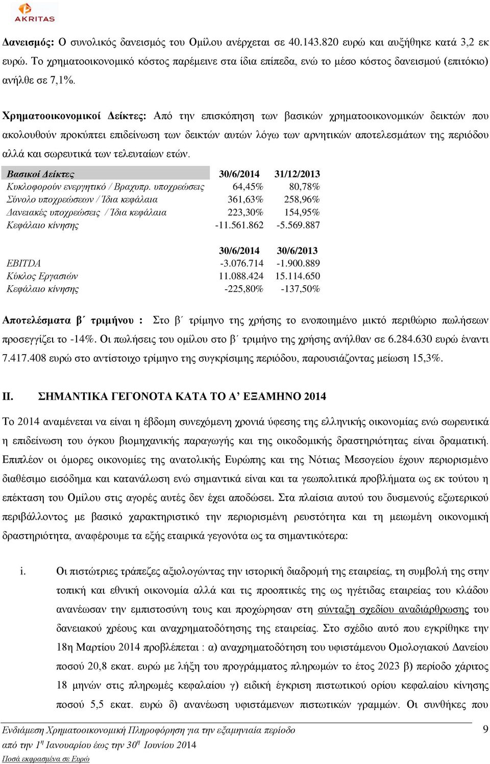 Χρηματοοικονομικοί Δείκτες: Από την επισκόπηση των βασικών χρηματοοικονομικών δεικτών που ακολουθούν προκύπτει επιδείνωση των δεικτών αυτών λόγω των αρνητικών αποτελεσμάτων της περιόδου αλλά και