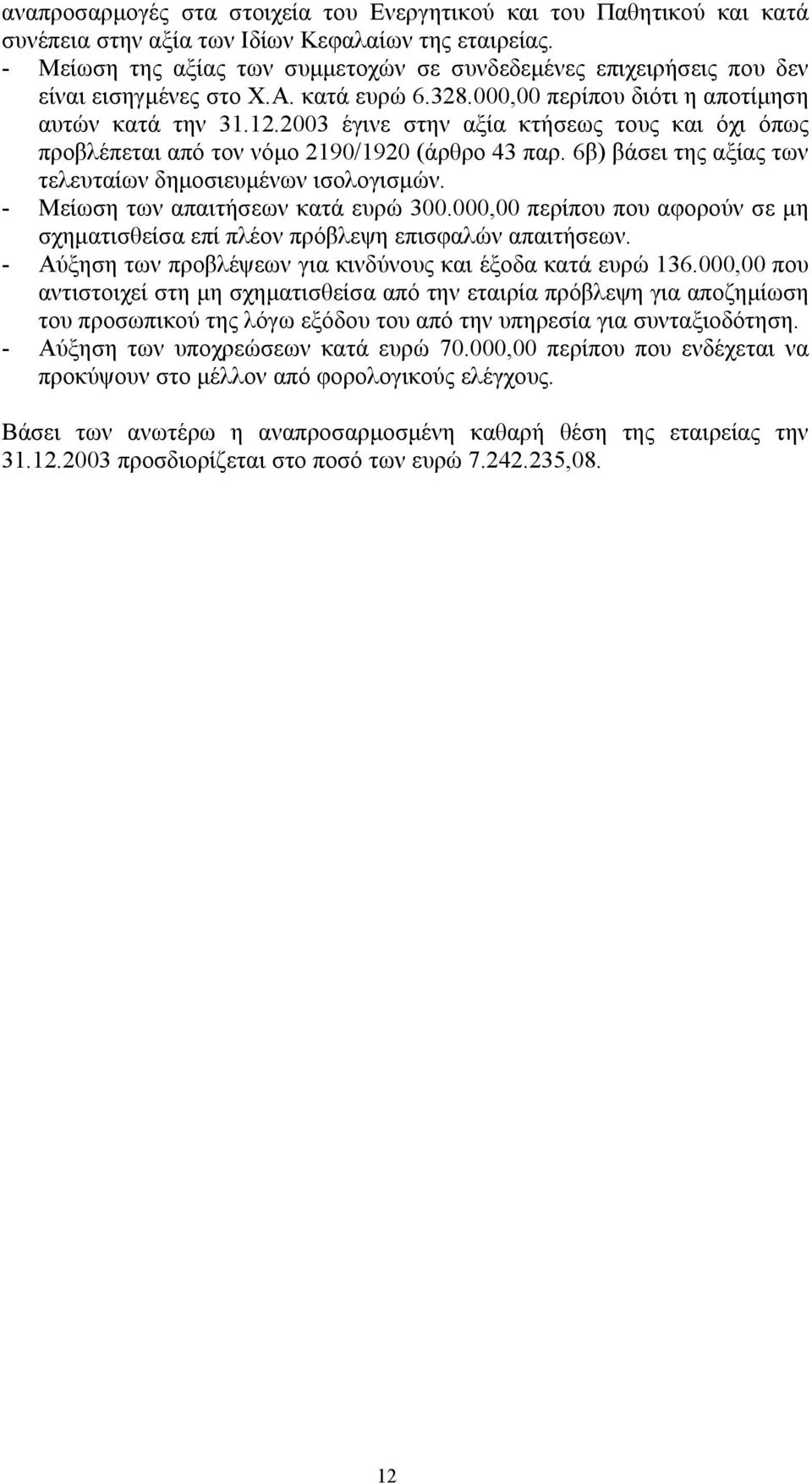 2003 έγινε στην αξία κτήσεως τους και όχι όπως προβλέπεται από τον νόµο 2190/1920 (άρθρο 43 παρ. 6β) βάσει της αξίας των τελευταίων δηµοσιευµένων ισολογισµών. - Μείωση των απαιτήσεων κατά ευρώ 300.