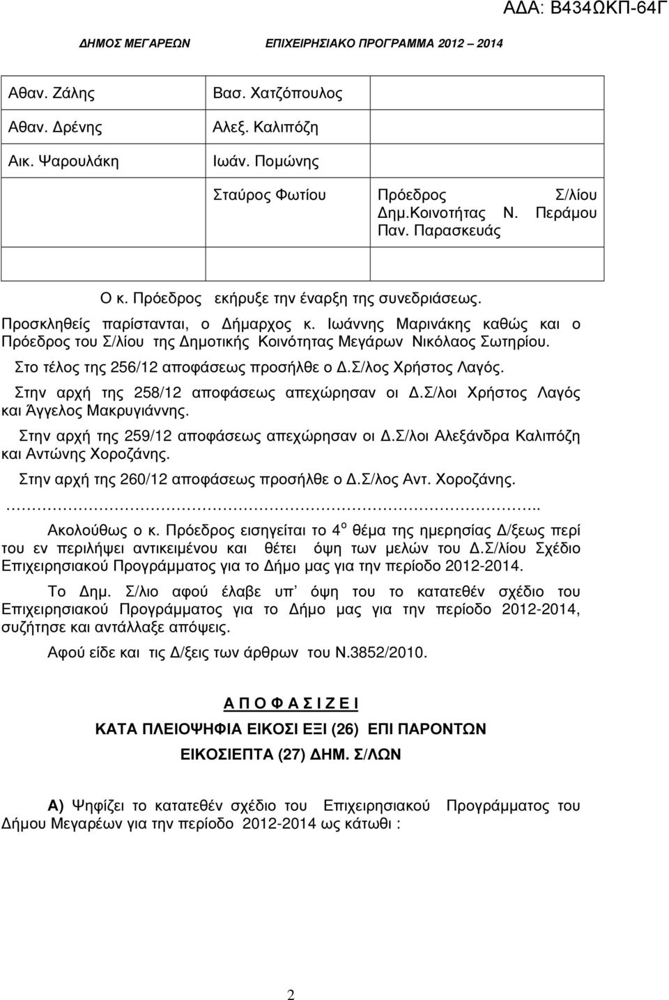 Στο τέλος της 256/12 αποφάσεως προσήλθε ο.σ/λος Χρήστος Λαγός. Στην αρχή της 258/12 αποφάσεως απεχώρησαν οι.σ/λοι Χρήστος Λαγός και Άγγελος Μακρυγιάννης. Στην αρχή της 259/12 αποφάσεως απεχώρησαν οι.