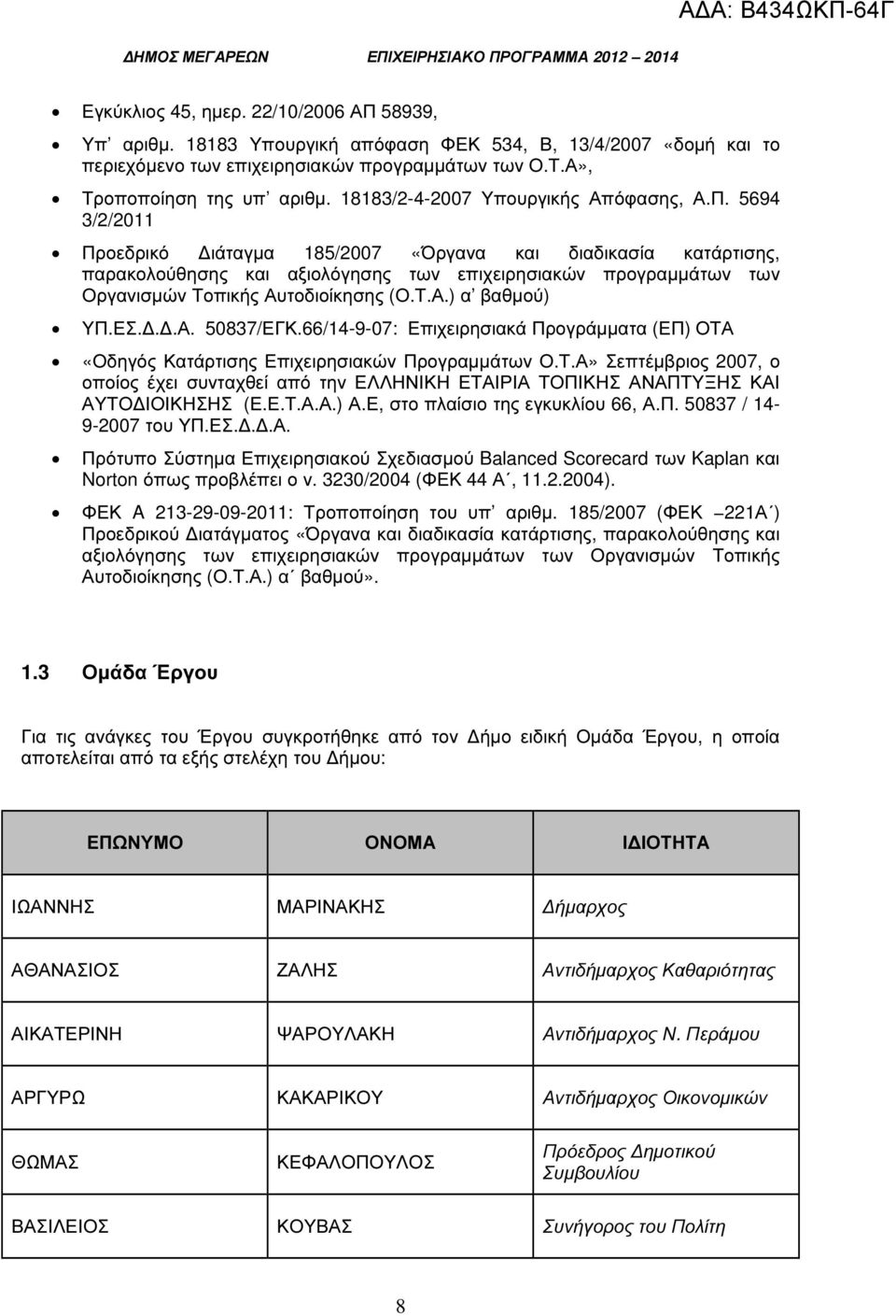 5694 3/2/2011 Προεδρικό ιάταγµα 185/2007 «Όργανα και διαδικασία κατάρτισης, παρακολούθησης και αξιολόγησης των επιχειρησιακών προγραµµάτων των Οργανισµών Τοπικής Αυτοδιοίκησης (Ο.Τ.Α.) α βαθµού) ΥΠ.