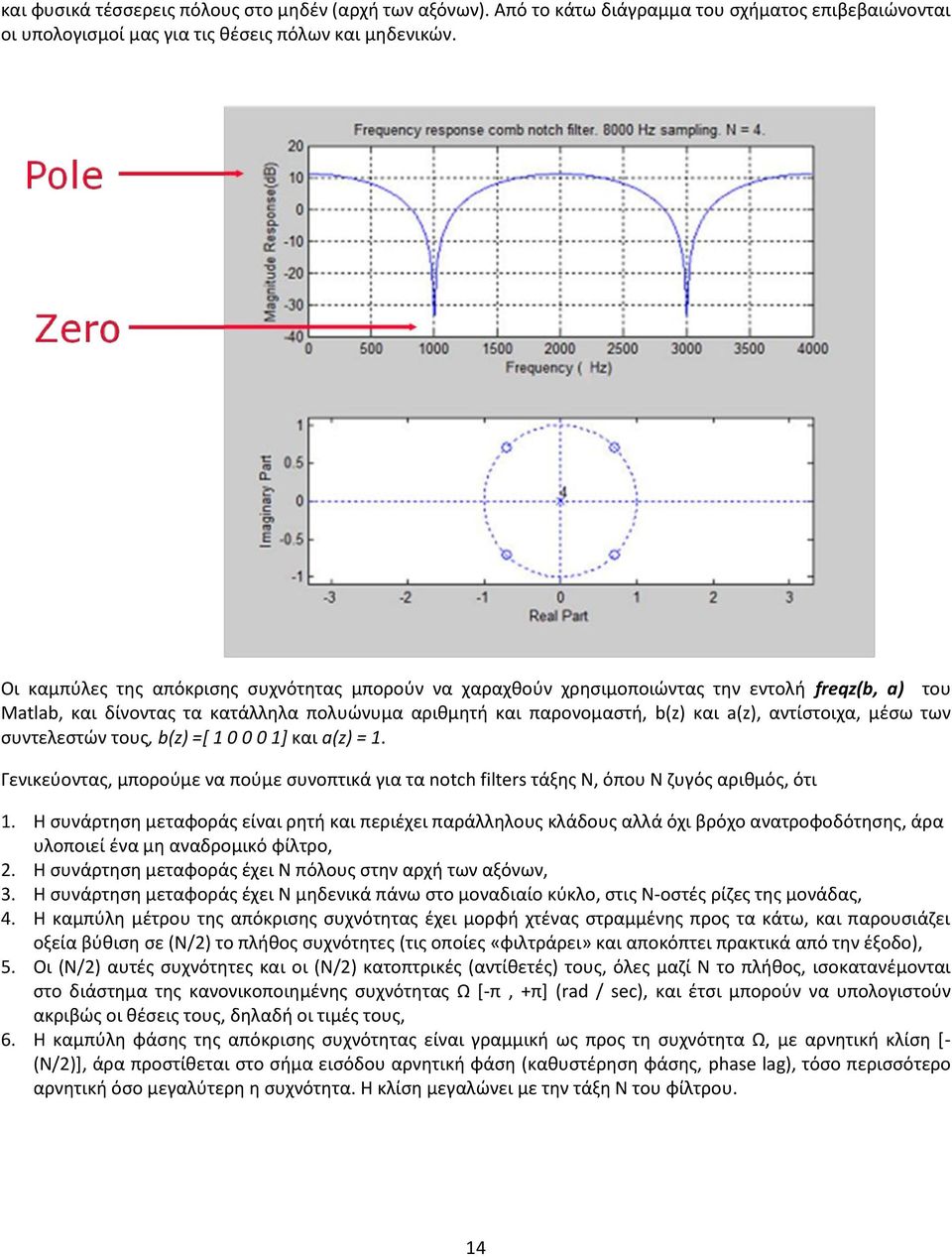 των συντελεστών τους, b() =[ 1 0 0 0 1] και a() = 1. Γενικεύοντας, μπορούμε να πούμε συνοπτικά για τα notch filters τάξης, όπου Ν ζυγός αριθμός, ότι 1.