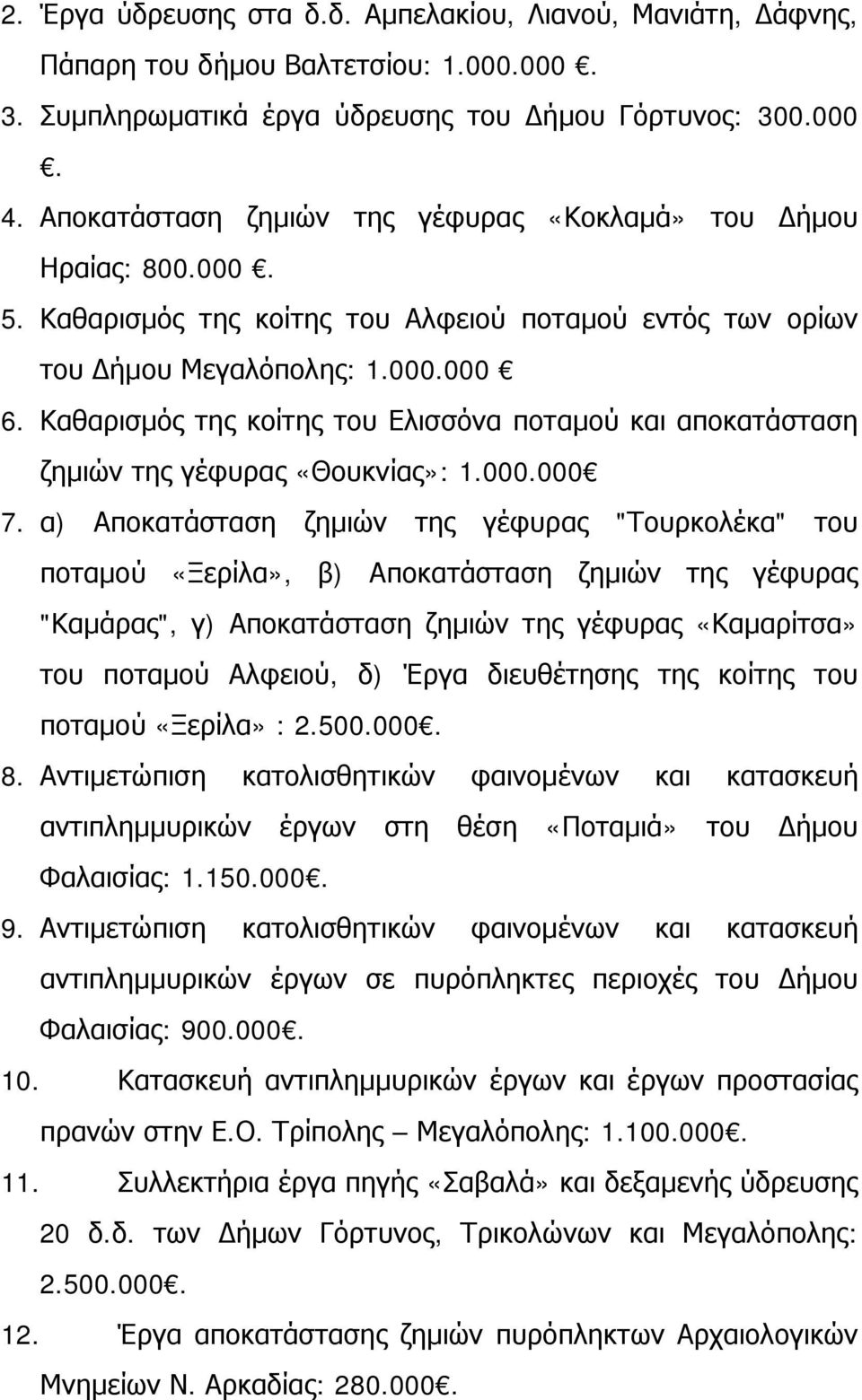 Καθαρισμός της κοίτης του Ελισσόνα ποταμού και αποκατάσταση ζημιών της γέφυρας «Θουκνίας»: 1.000.000 7.