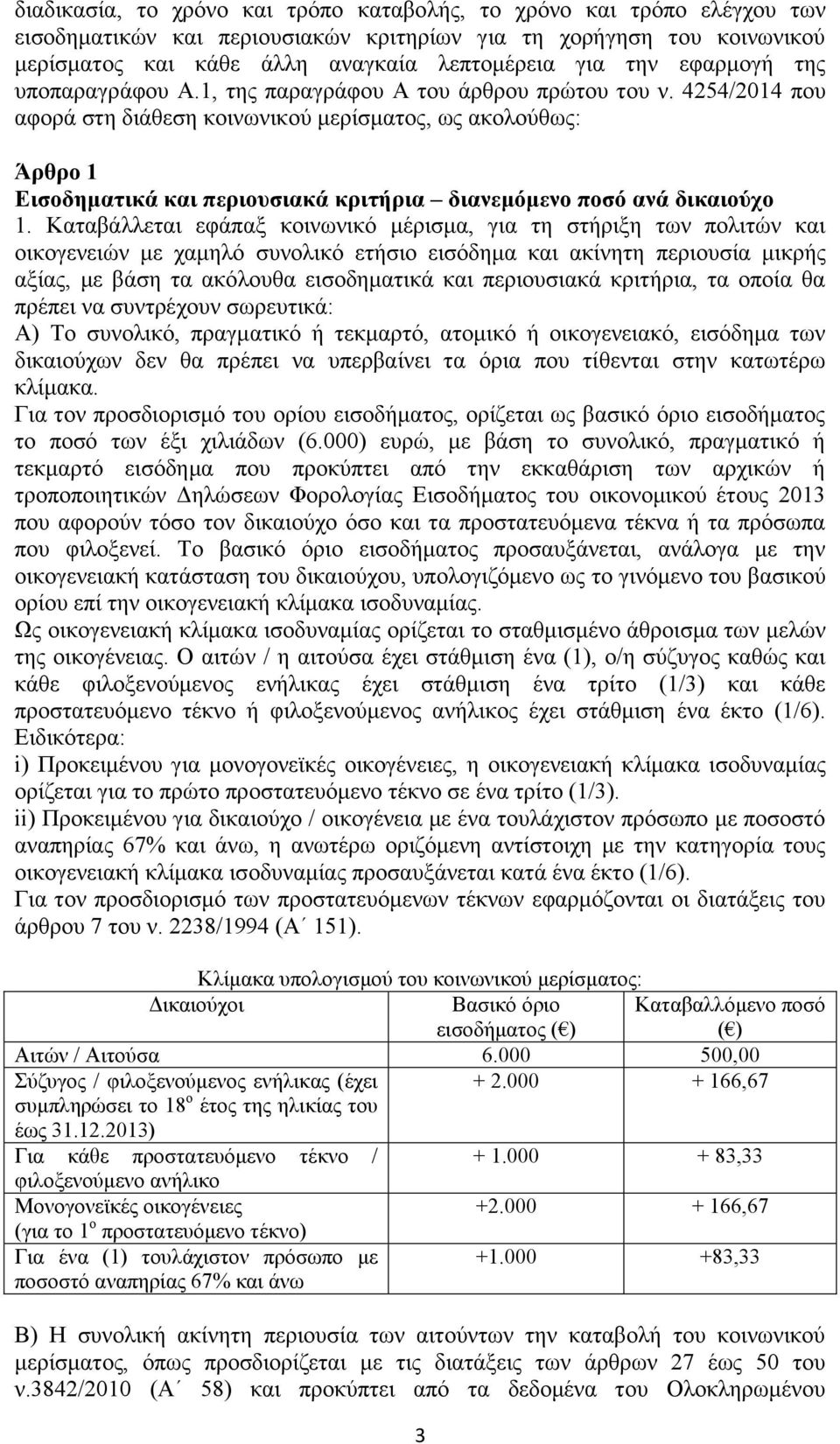 4254/2014 που αφορά στη διάθεση κοινωνικού μερίσματος, ως ακολούθως: Άρθρο 1 Εισοδηματικά και περιουσιακά κριτήρια διανεμόμενο ποσό ανά δικαιούχο 1.