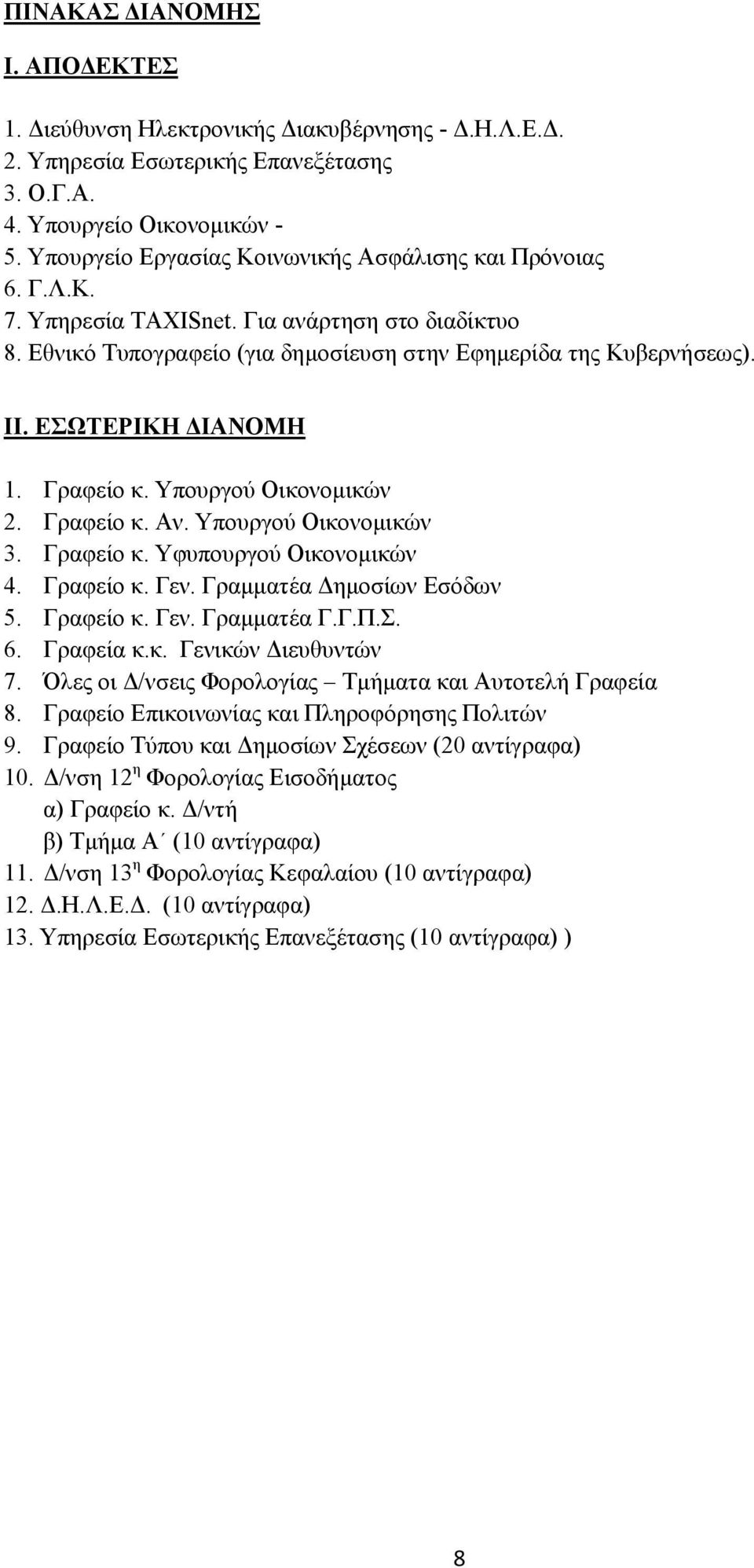 ΕΣΩΤΕΡΙΚΗ ΔΙΑΝΟΜΗ 1. Γραφείο κ. Υπουργού Οικονομικών 2. Γραφείο κ. Αν. Υπουργού Οικονομικών 3. Γραφείο κ. Υφυπουργού Οικονομικών 4. Γραφείο κ. Γεν. Γραμματέα Δημοσίων Εσόδων 5. Γραφείο κ. Γεν. Γραμματέα Γ.