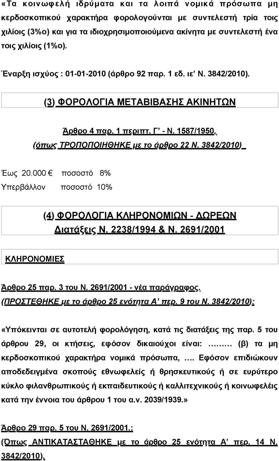 3842/2010)_ Έως 20.000 ποσοστό 8% Υπερβάλλον ποσοστό 10% (4) ΦΟΡΟΛΟΓΙΑ ΚΛΗΡΟΝΟΜΙΩΝ - ΔΩΡΕΩΝ Διατάξεις Ν. 2238/1994 & Ν. 2691/2001 ΚΛΗΡΟΝΟΜΙΕΣ Άρθρο 25 παρ. 3 του Ν. 2691/2001 - νέα παράγραφος.