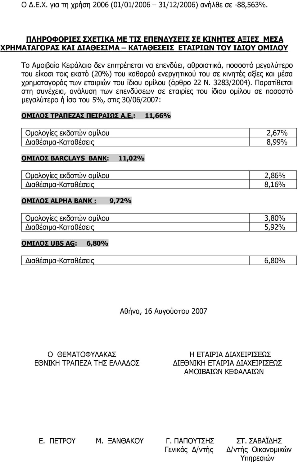 μεγαλύτερο του είκοσι τοις εκατό (20%) του καθαρού ενεργητικού του σε κινητές αξίες και μέσα χρηματαγοράς των εταιριών του ίδιου ομίλου (άρθρο 22 Ν. 3283/2004).