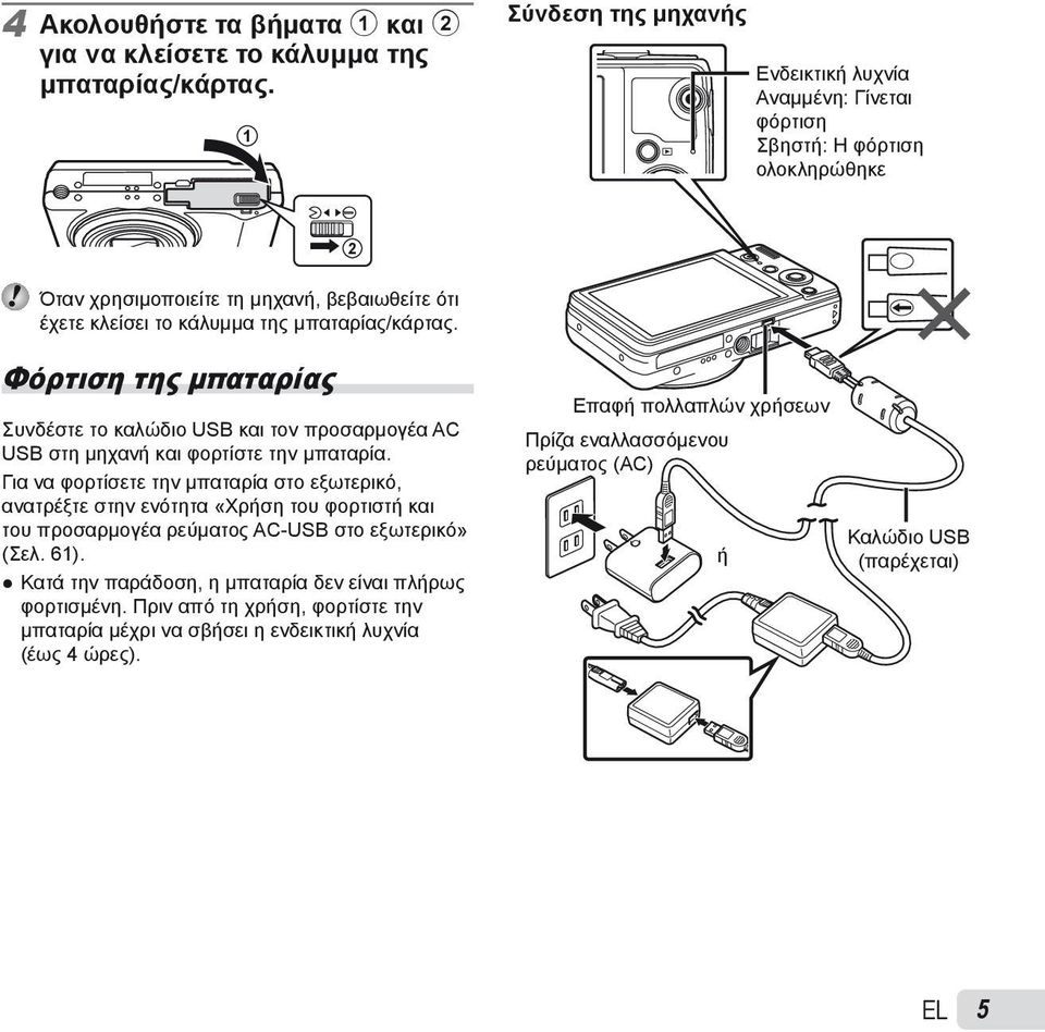 Φόρτιση της μπαταρίας Συνδέστε το καλώδιο USB και τον προσαρμογέα AC USB στη μηχανή και φορτίστε την μπαταρία.