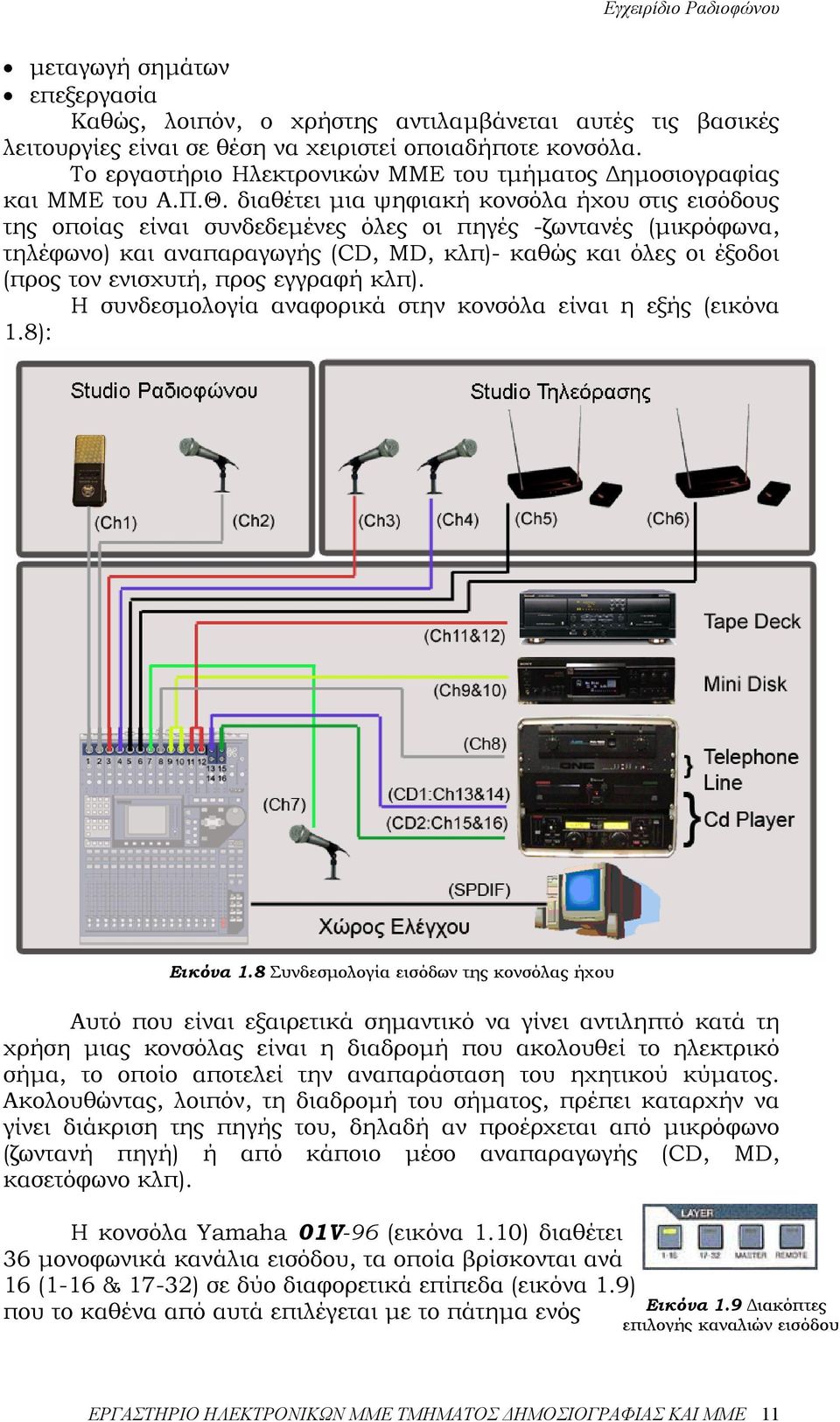 διαθέτει µια ψηφιακή κονσόλα ήχου στις εισόδους της οποίας είναι συνδεδεµένες όλες οι πηγές -ζωντανές (µικρόφωνα, τηλέφωνο) και αναπαραγωγής (CD, MD, κλπ)- καθώς και όλες οι έξοδοι (προς τον