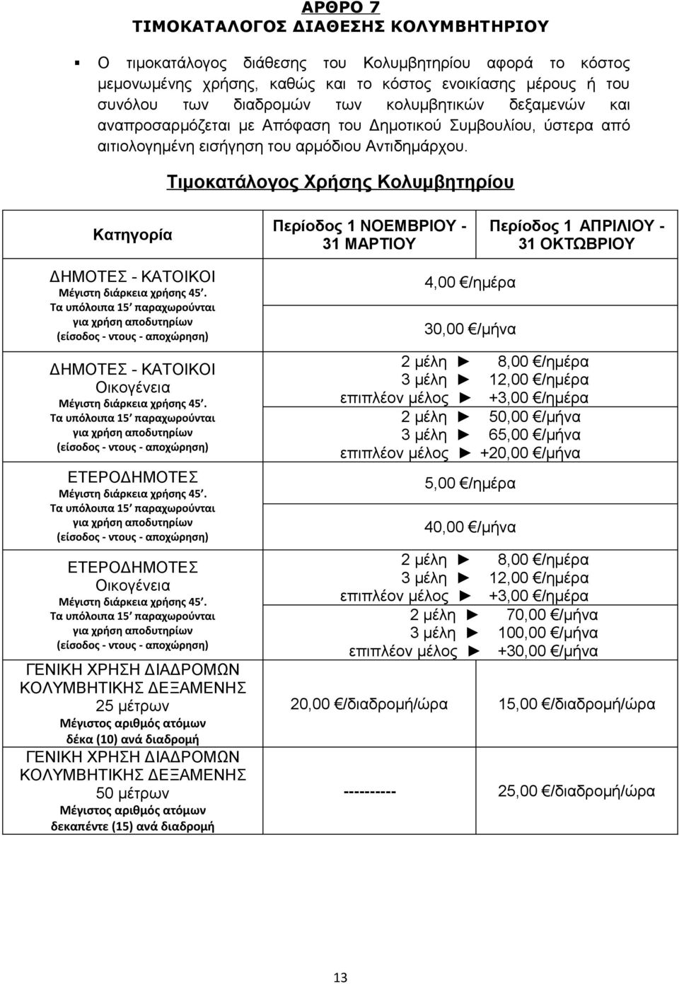 Τιμοκατάλογος Χρήσης Κολυμβητηρίου Κατηγορία Περίοδος 1 ΝΟΕΜΒΡΙΟΥ - 31 ΜΑΡΤΙΟΥ Περίοδος 1 ΑΠΡΙΛΙΟΥ - 31 ΟΚΤΩΒΡΙΟΥ ΔΗΜΟΤΕΣ - ΚΑΤΟΙΚΟΙ Μέγιστη διάρκεια χρήσης 45.