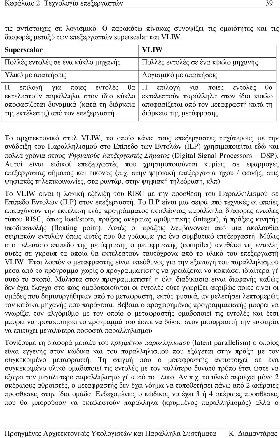 επεξεργαστή VLIW Πολλές εντολές σε ένα κύκλο μηχανής Λογισμικό με απαιτήσεις Η επιλογή για ποιες εντολές θα εκτελεστούν παράλληλα στον ίδιο κύκλο αποφασίζεται από τον μεταφραστή κατά τη διάρκεια της